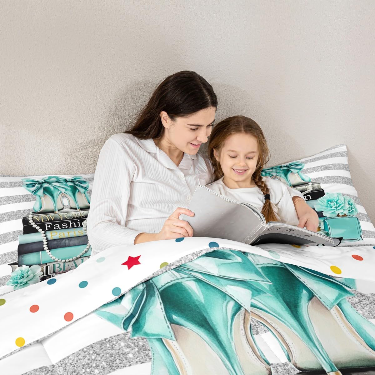 Erosebridal Paris Fashion Women Comforter King Size Teal Silver Modern Bedding Set for Kids Girls Teens Magazine White Stripe Girly Down Comforter Turquoise Rose Flower High Heel Makeup Duvet Insert