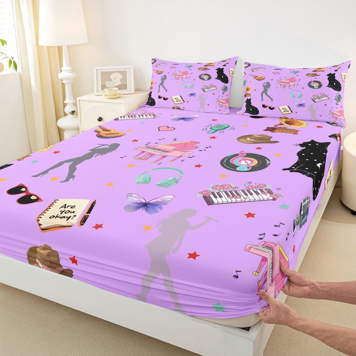 Erosebridal Romantic Purple Sheet Set King Music Themed Bed Sheets Set Black Cat Sheets Butterfly Stars Print Flat Fitted Sheet Modern Fashion Music Gift for Women Girls