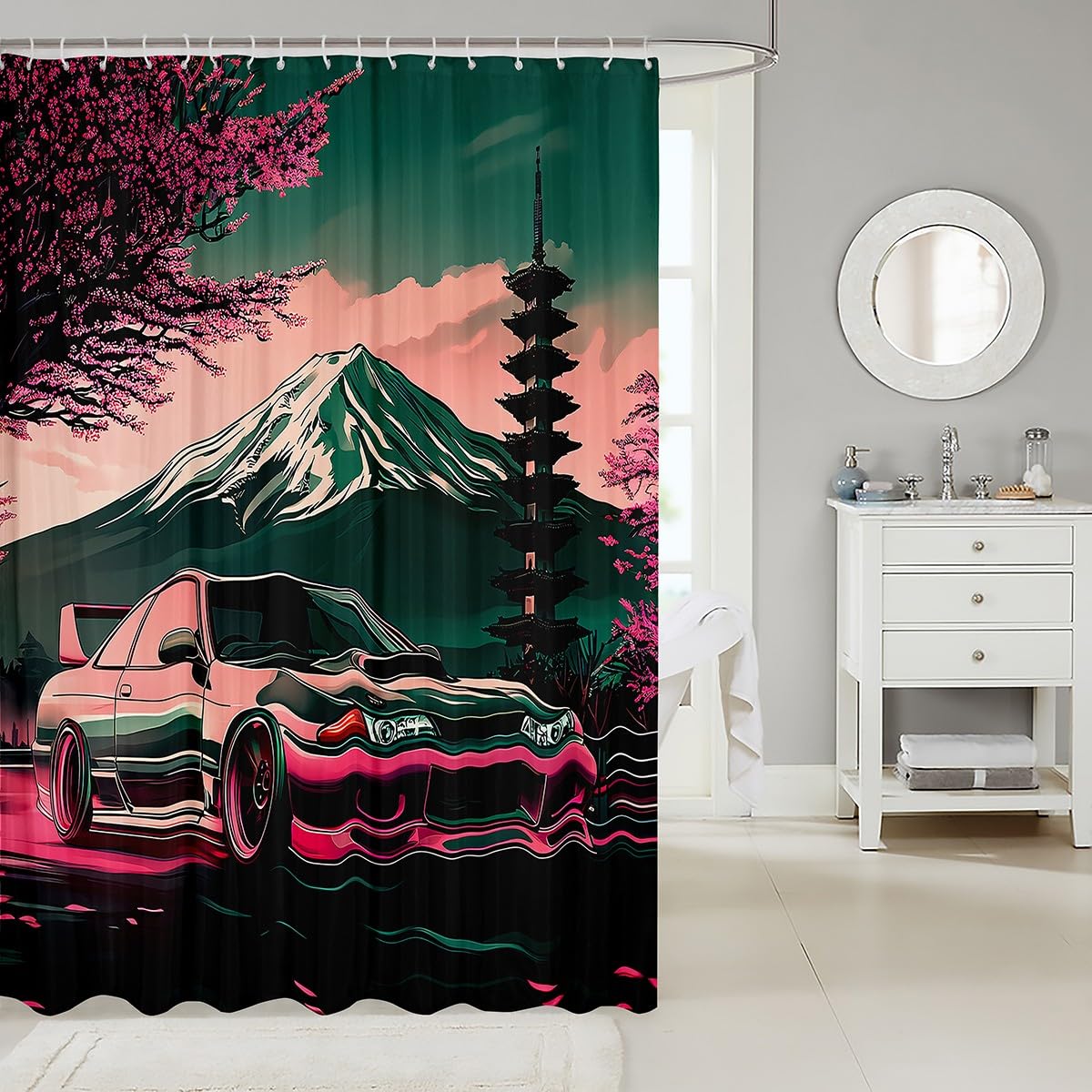 Feelyou Japanese Race Car Shower Curtain 72"x78" Speed Sports Car Cherry Blossoms Bath Curtain Boys Girls Racing Mount Fuji Bath CurtainExtreme Sports Kids Bathroom Accessories