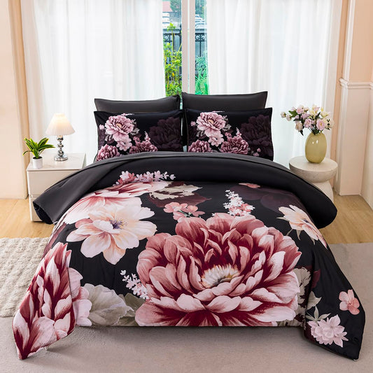ZSYAYAHA Black-Gray Floral Comforter Set Queen Size 7 Pieces Peony Bed in A Bag Ornate Elegant Botanical Flower Bedding Set for Women Home Decor(Black-Gray, Queen)