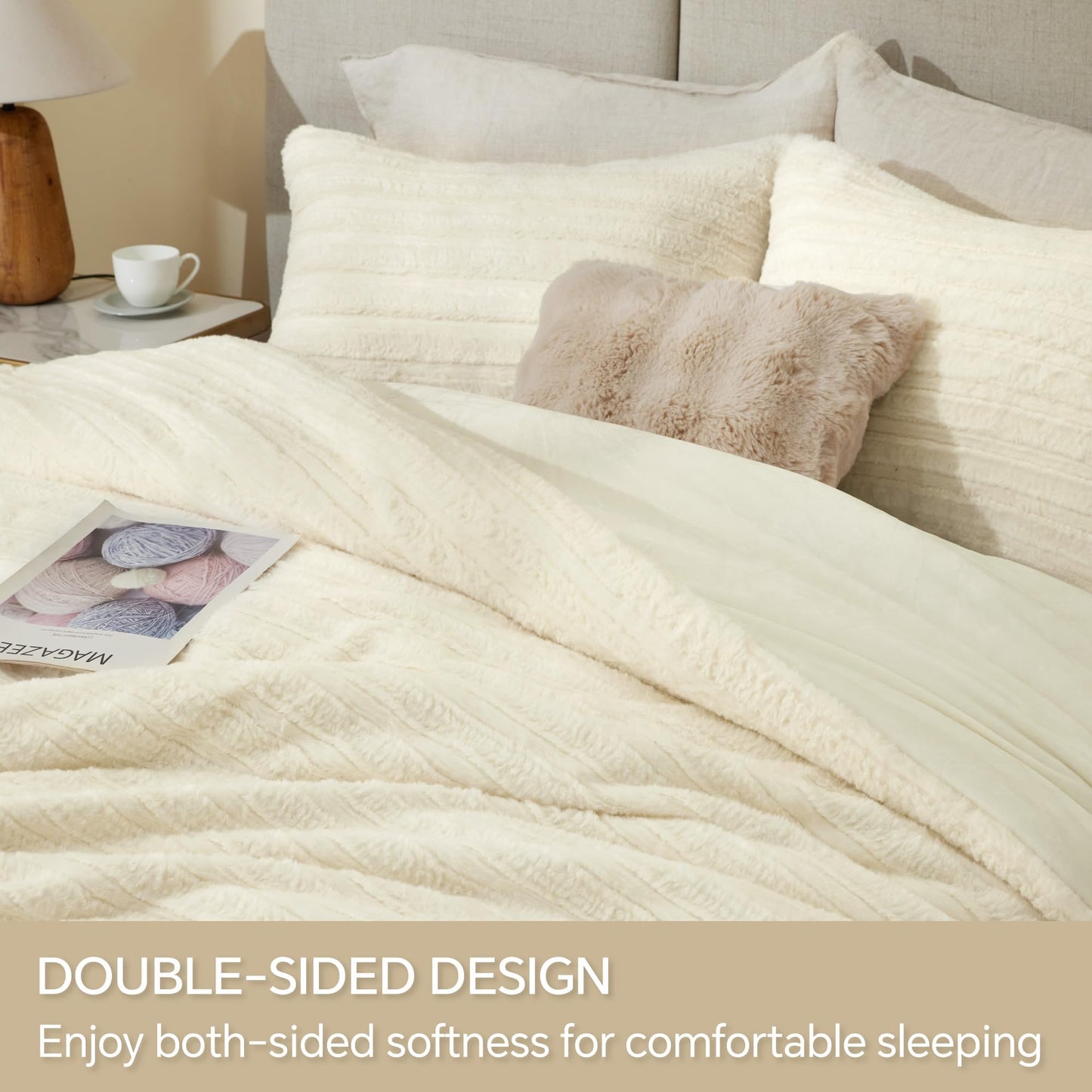 BEDELITE Fleece Queen Comforter Set -Super Soft & Warm Fluffy Cream White Faux Fur Bedding, Luxury Fuzzy Heavy Bed Set for Winter with 2 Pillow Cases