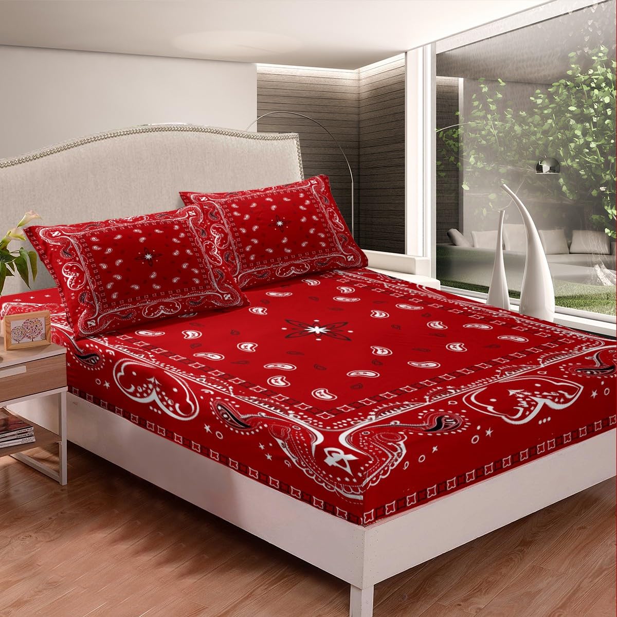 Manfei Red Paisley Bedding Set 2pcs for Kids Girls Chic Exotic Floral Printed Sheet Set Flower Pattern Fitted Sheet Soft Polyester Bed Sheets (1 Fitted Sheet + 1 Pillow Case) Twin Size