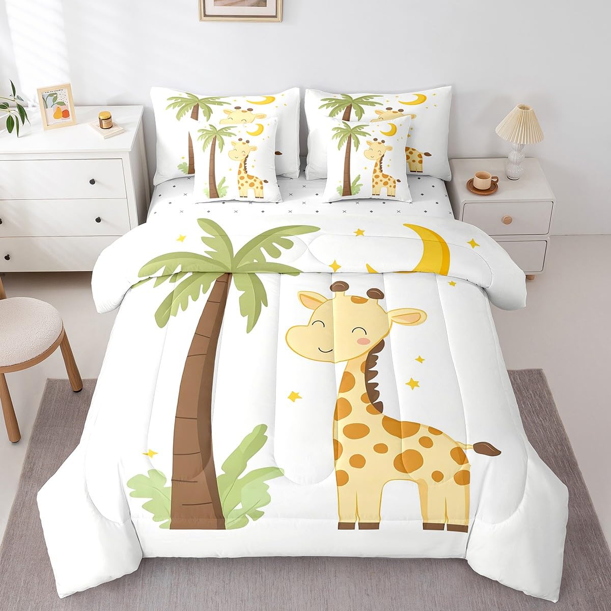 Erosebridal Kawaii Giraffe Twin Size Comforter Set with Sheets Kids | Cartoon Safari Wild Print 7-Piece Bedding Set Watercolor Green Eucalyptus Bed in a Bag African Jungle Animal Bed Quilt Sets