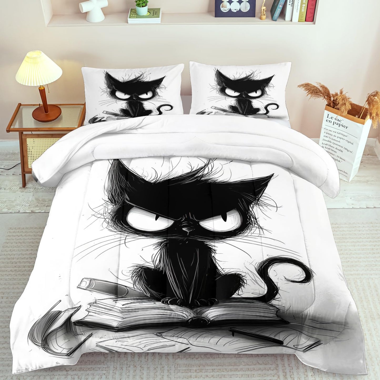 llyxsesty Cute Black Cat Comforter Set King Size Cute Pet Bedding Set Boys Girls White and Black Comforter Cartoon Cat Quilt Animal Bedroom Decor Kawaii Animal Print Bedding Boys Kids