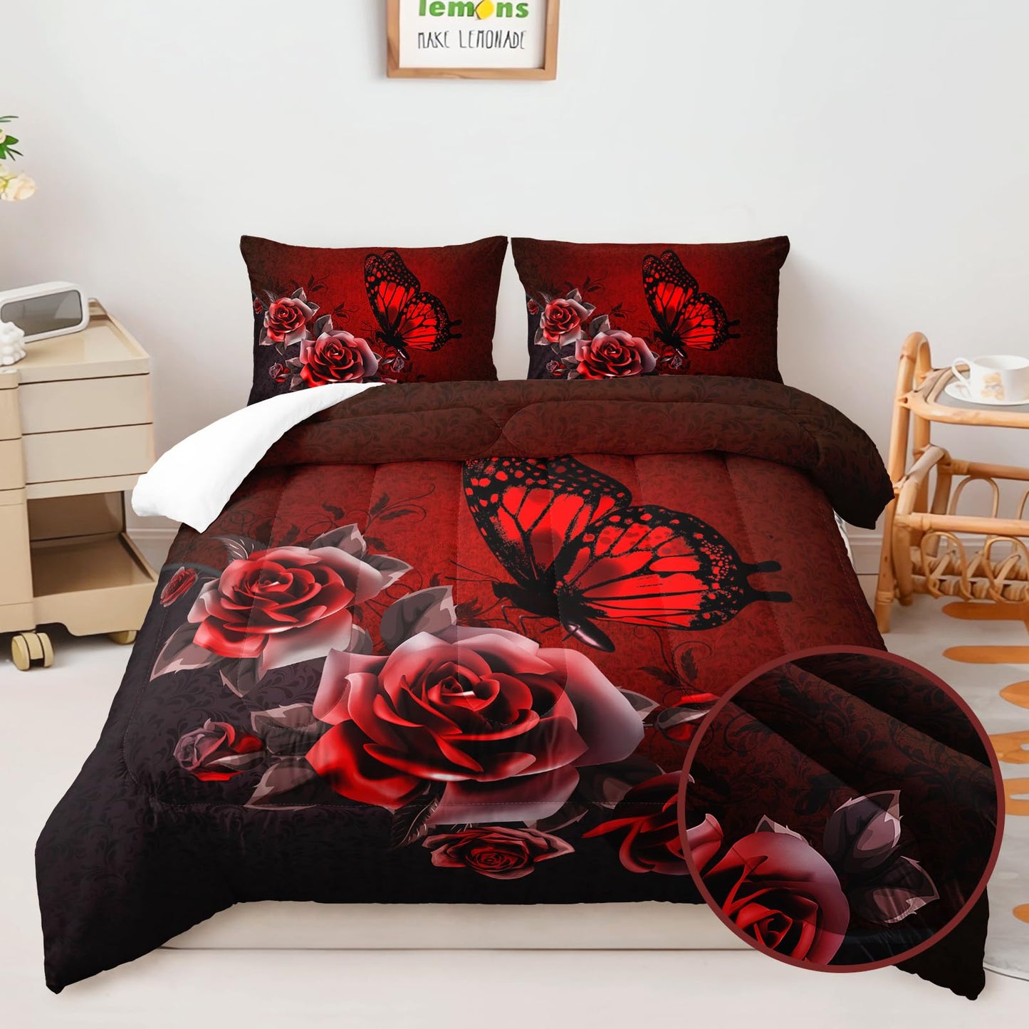 AILONEN Butterfly Comforter Set Queen Size, Red Rose Butterfly 3D Print Style Bedding Set for Teens Girls Women,Butterfly Art Pattern Soft Lightweight Duvet Set 3 Pieces(1 Comforter + 2 Pillowcases)