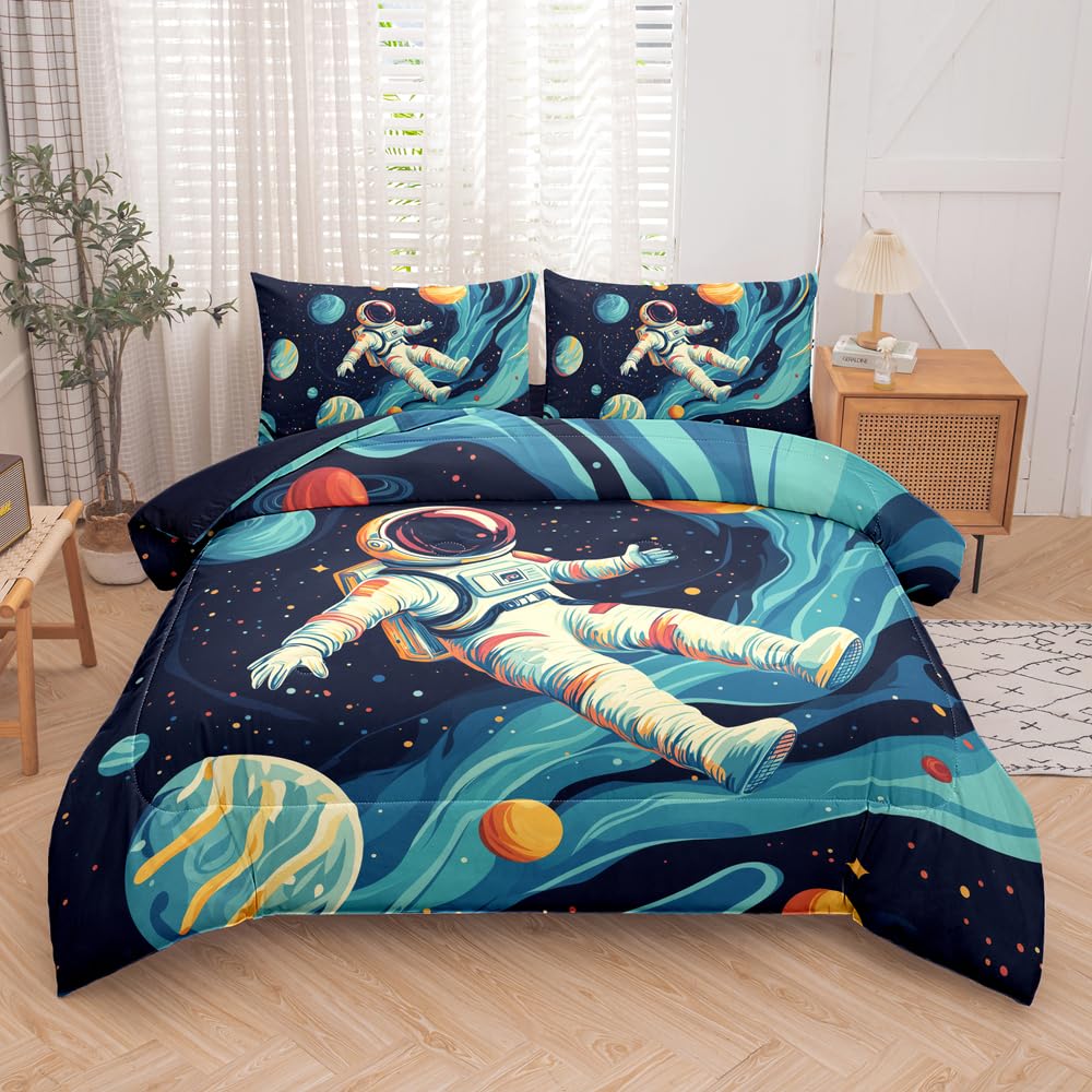 RUPSLO Space Astronaut Comforter Set Twin,Boys Twin Space Bedding Set 5 Pieces,Twin Comforter Set for Kids,Galaxy Comforter with Astronaut Patterns