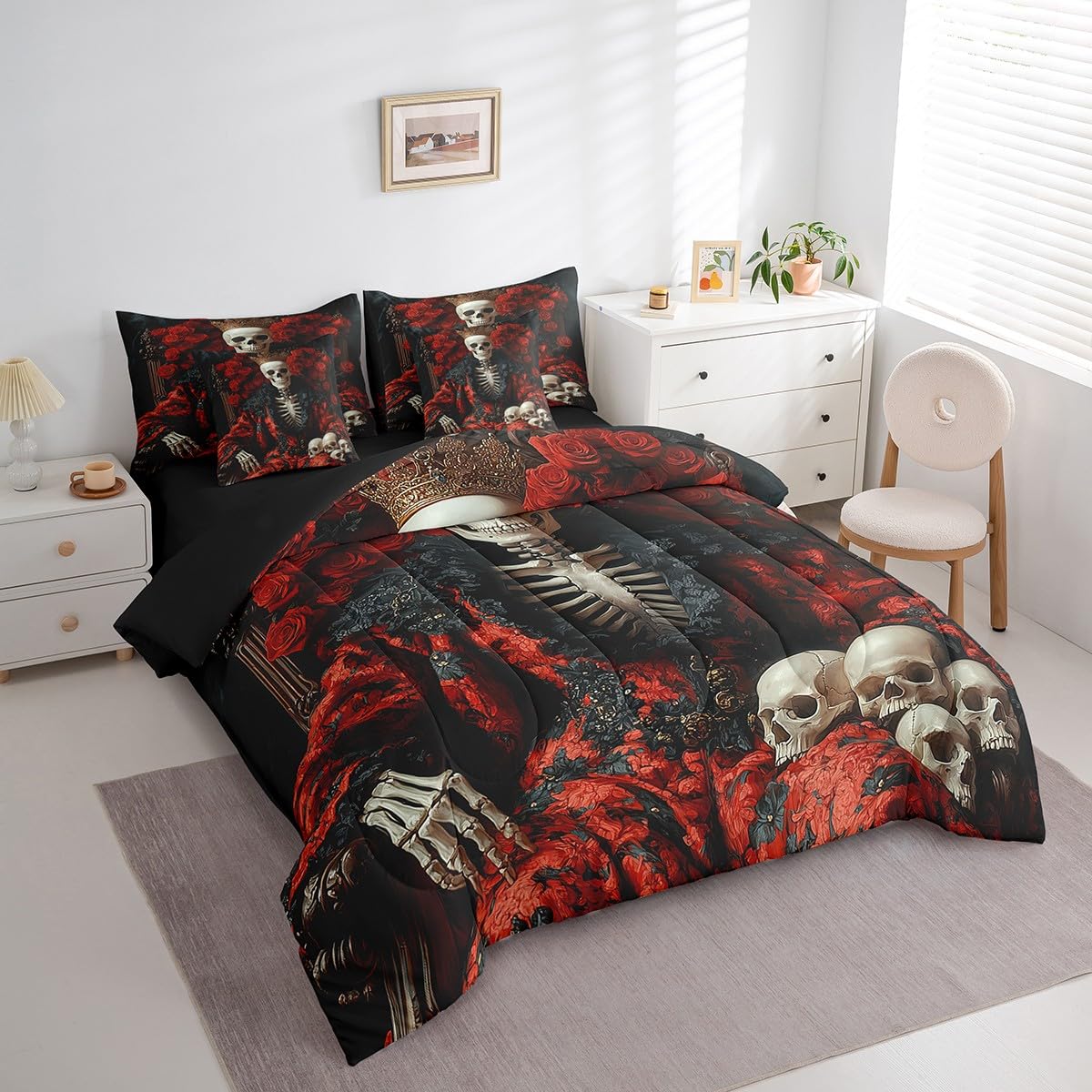 Erosebridal Skull King Bed in A Bag Red Valentine's Day Roses Flowers Comforter Set Full Size for Adults Men Women,Goth Skeleton 7 Piece Bedding Set Romantic Floral Skull Bed Set