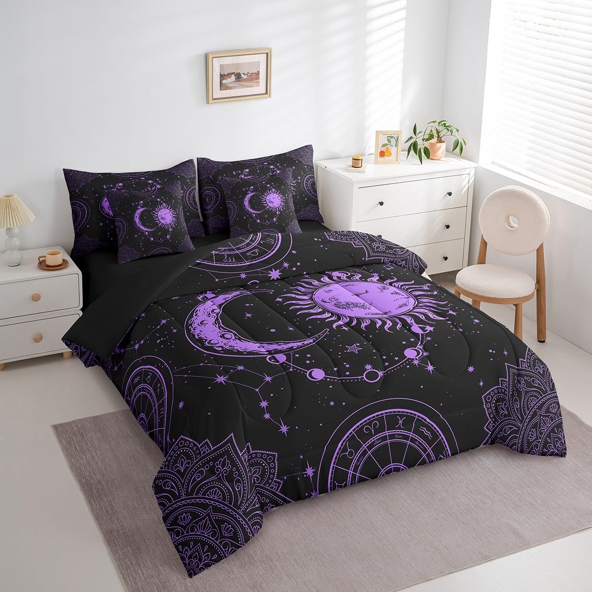 Feelyou Sun and Moon 7 Piece Bedding Set, Constellation Galaxy Comforter Set Cover for Kids Boys Girls Teens Psychedelic Boho Mandala Bedding Set Celestial Puprle Black Queen Size