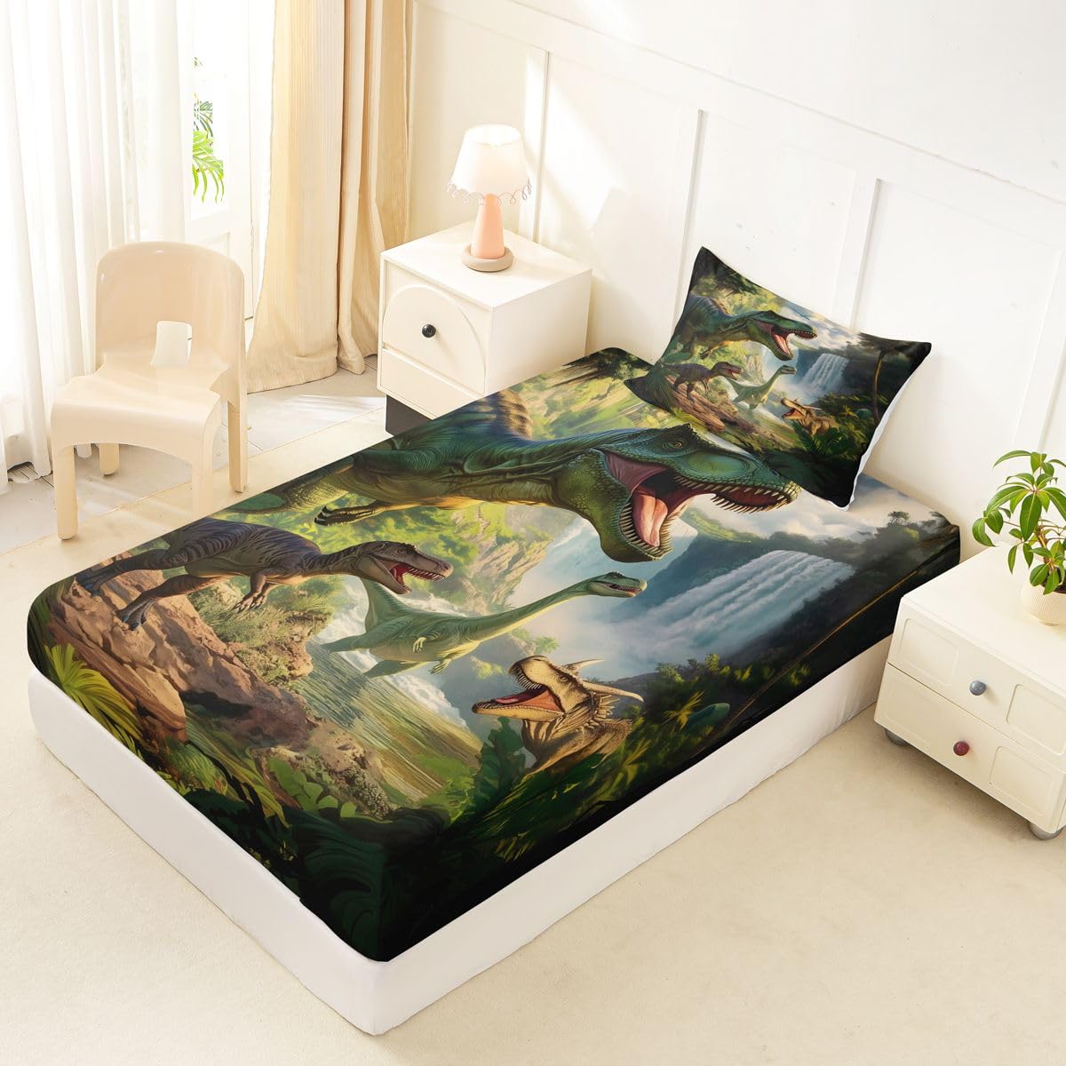 Feelyou Dinosaur Bed Sheets Set Twin Size 3D Digital Print Bed Set Jungle Dino Deep Pocket Fitted Sheet Wild Animal Breathable Soft Lightweight Microfiber Green White Brown