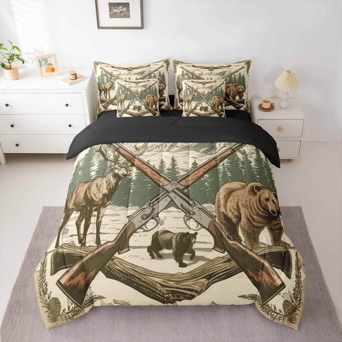 Erosebridal Shotguns 7 Piece Bedding Set Queen Hunting Comforter Set with Sheets Mountain Pine Cone Trunk Woodland Bed in a Bag Bear Deer Eagle Pattern Hunt for Teens Men Women