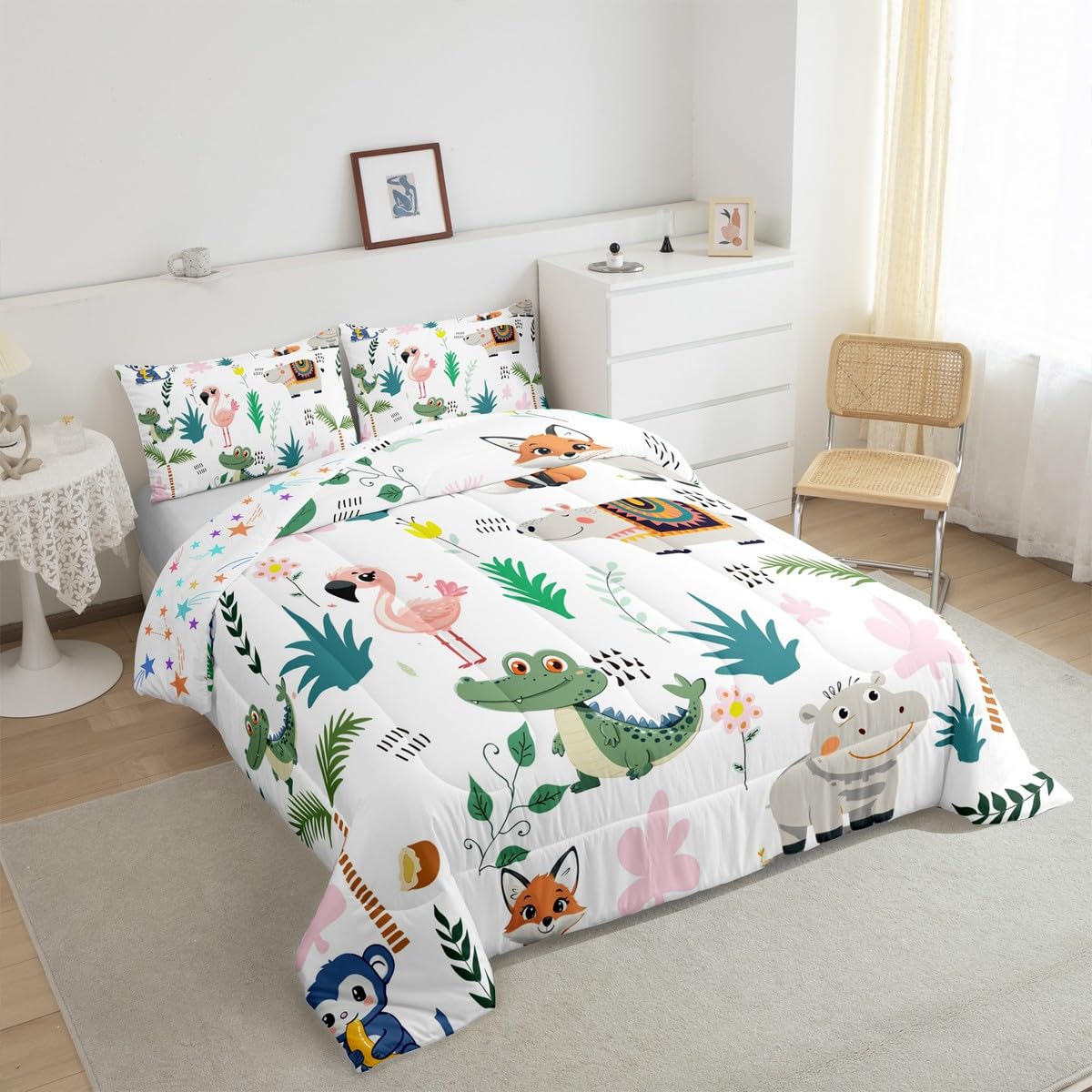 Feelyou Dinosaur Cartoon Fox Comforter Set for Girls Boys Kids King Size Wild Animals Comforter Room Decorative Hippo Bedding Set Botanical Zoo Animals Duvet Set 3Pcs Quilt Set