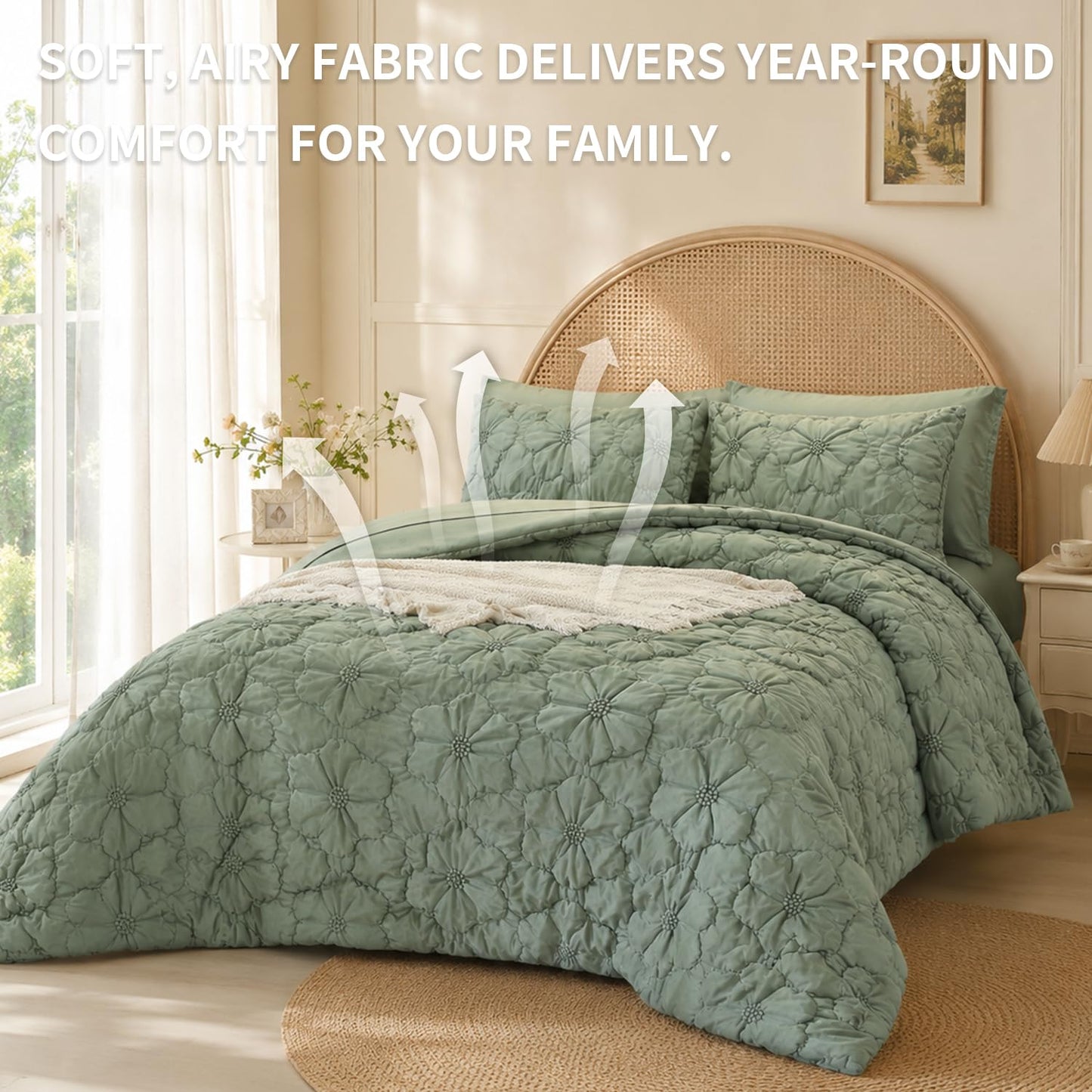 7 Piece Comforter Set, Pintuck Floral Bedding Set with Sheets & Pillowcases, Soft Fluffy All Season Comforter Set, Lightweight Breathable Bed Set for Bedroom Guest Room Dorm (Green, King, Flowers)