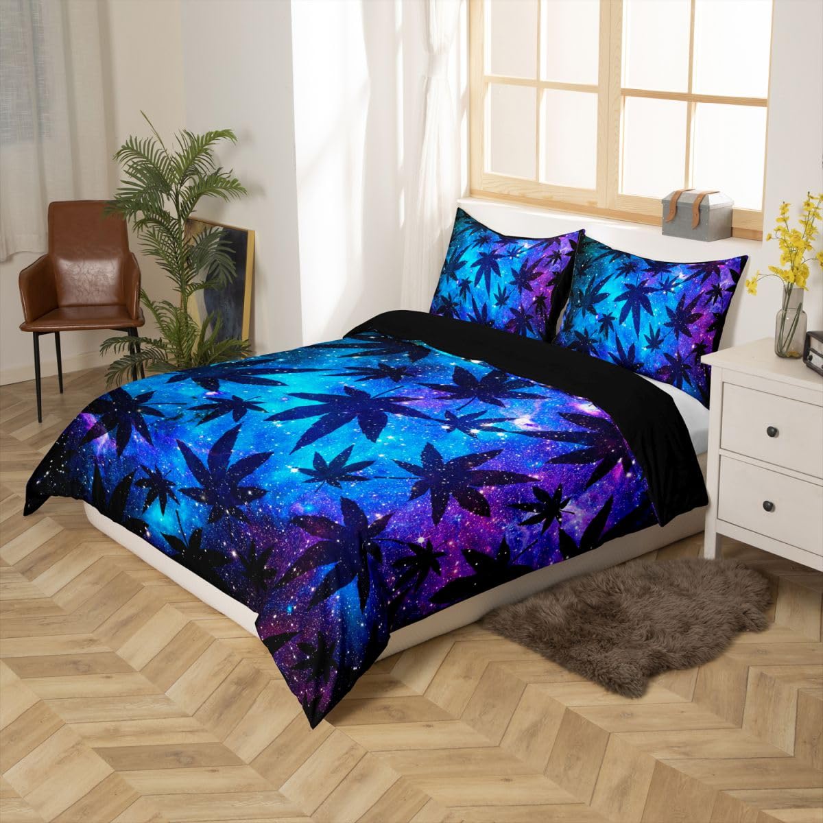 Erosebridal Leaves Duvet Cover Teens Galaxy Bedding Set Full Size for Women Men Youth Chic Purple Blue Quilt Cover Room Decor