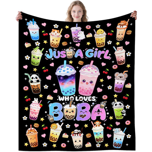 Boba Tea Blanket Soft Cozy Flannel Blanket Cute Bubble Tea Theme Blanket Bedding Decor Gifts for for Boba Lovers Girls Kids Women Adults 50"x40"