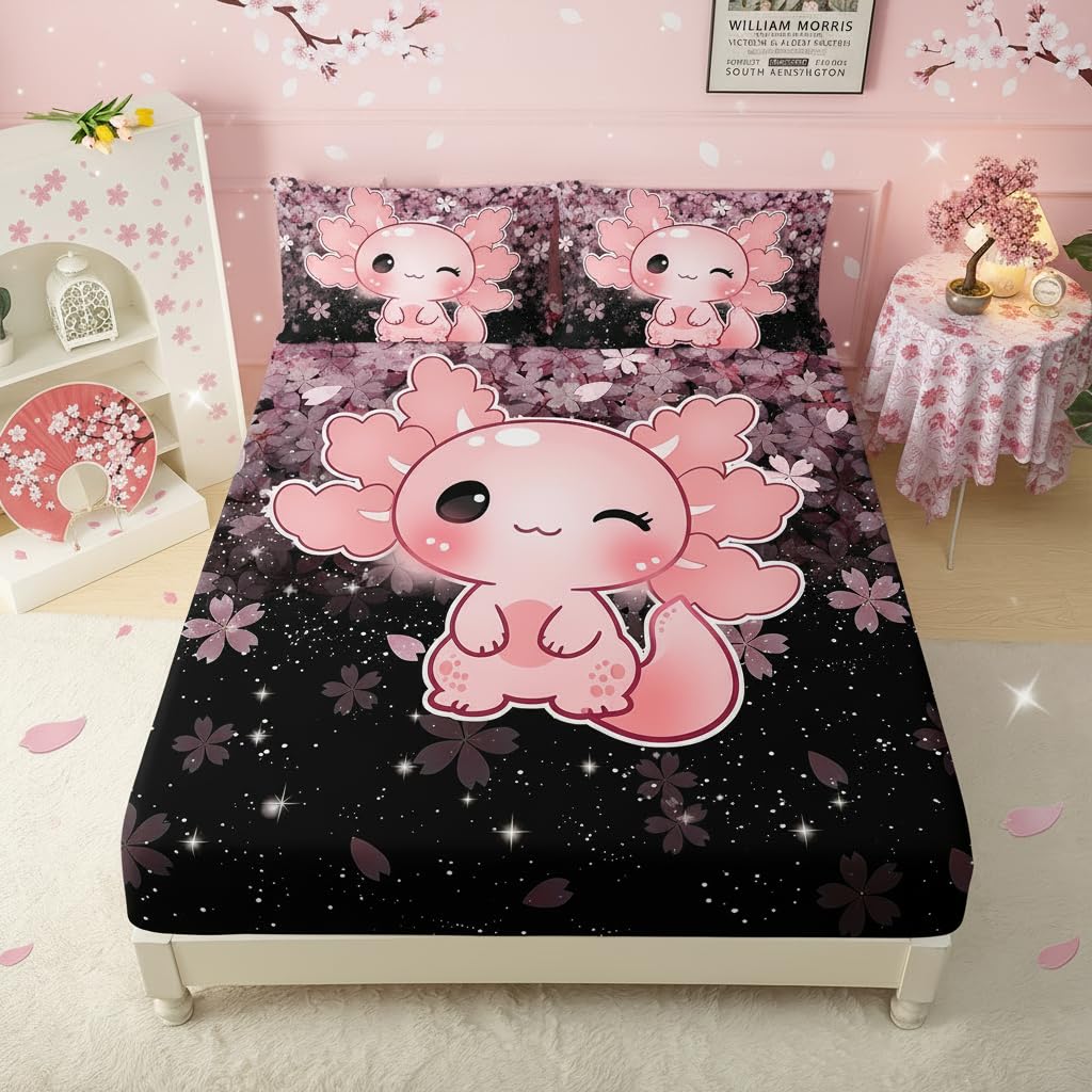 QOOMO Kawaii Axolotl Bedding for Boys and Girls Pink Cherry Blossom Super Soft Kids Bedding Set Sparkling Stars Breathable Room Decoration Twin Size 1 Fitted Sheet, 1 Flat Sheet, 2 Pillow Cases