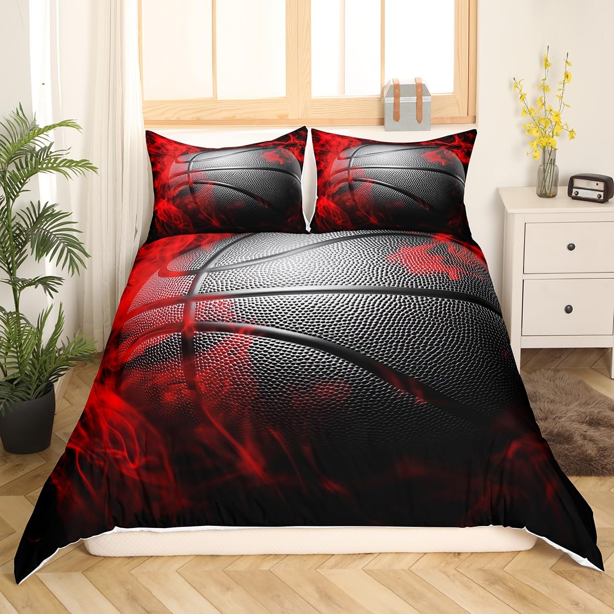 Homewish Basketball Duvet Cover Set Sports Theme Bedding Set 3pcs for Kids Boys Teens Red Flame Basketball Comforter Cover King Size Game Room Bedspread Cover with 2 Pillowcases (No Comforter)