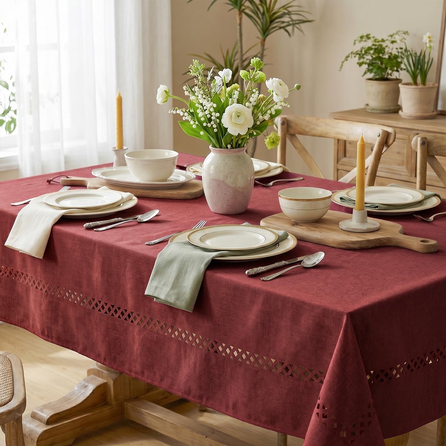 Horaldaily Red Farmhouse Style Tablecloth with Decorative Cutouts, 60×104 Inch Rectangular Polyester Table Cloth, Wrinkle Resistant Washable Table Cover for Dining Wedding and Outdoor