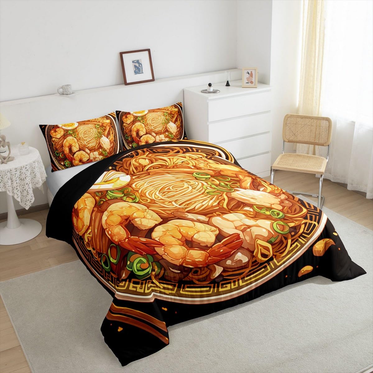 Erosebridal Ramen Noodle Queen Comforter Set,Japanese Ramen Bedding Set Funny Gifts for Kids Adults,Food Themed Quilt Bed Set Anime Style Bedding Comforter Sets with 2 Pillowcases Bedroom Decor