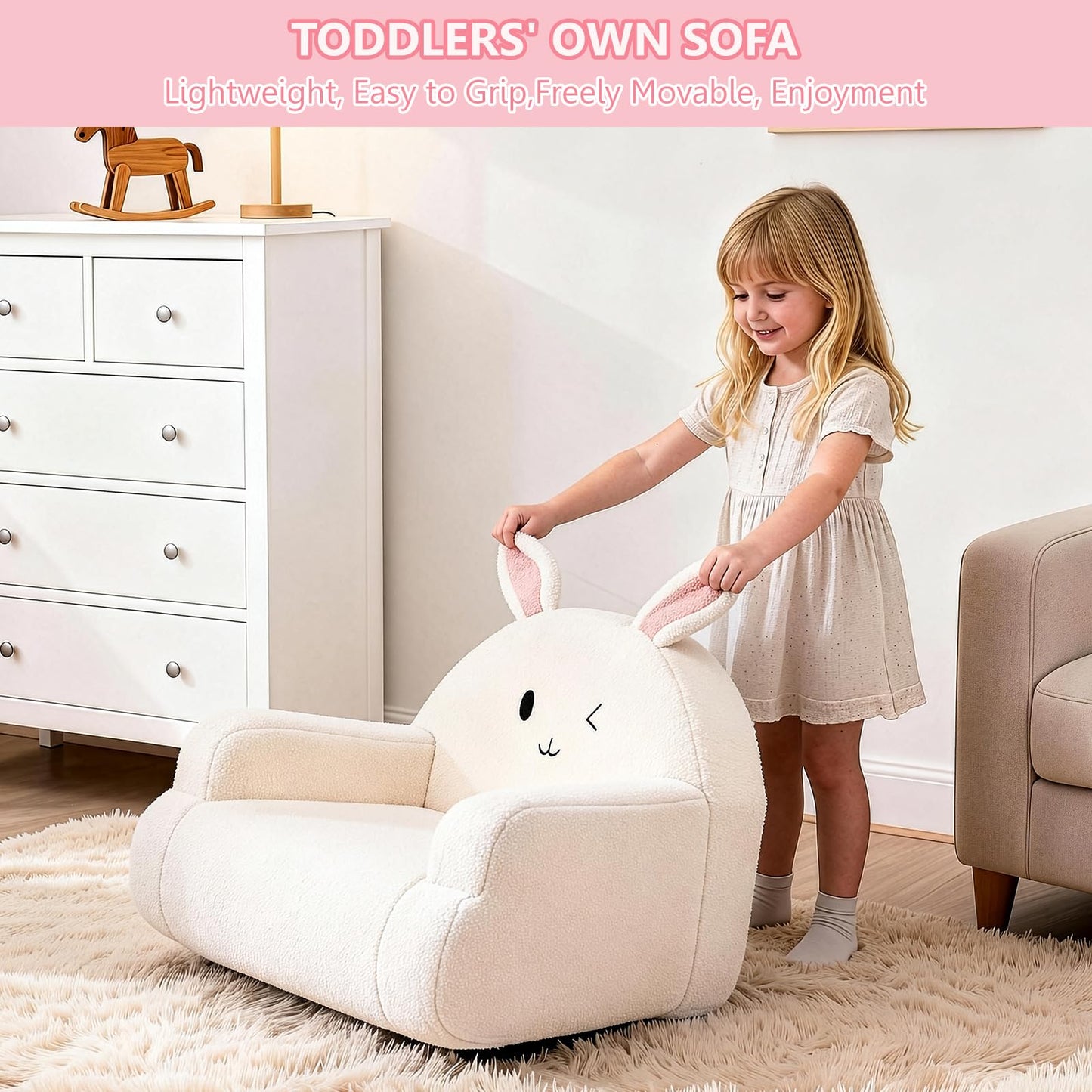Karl home Toddler Chair Comfy, Toddler Reading Chair, Cute Animal Series Kid's Chair, Foam Kids Sofa with Soft Teddy Plush, Outdoor Furniture for Backyard Patio Garden Playroom Preschool, White Bunny