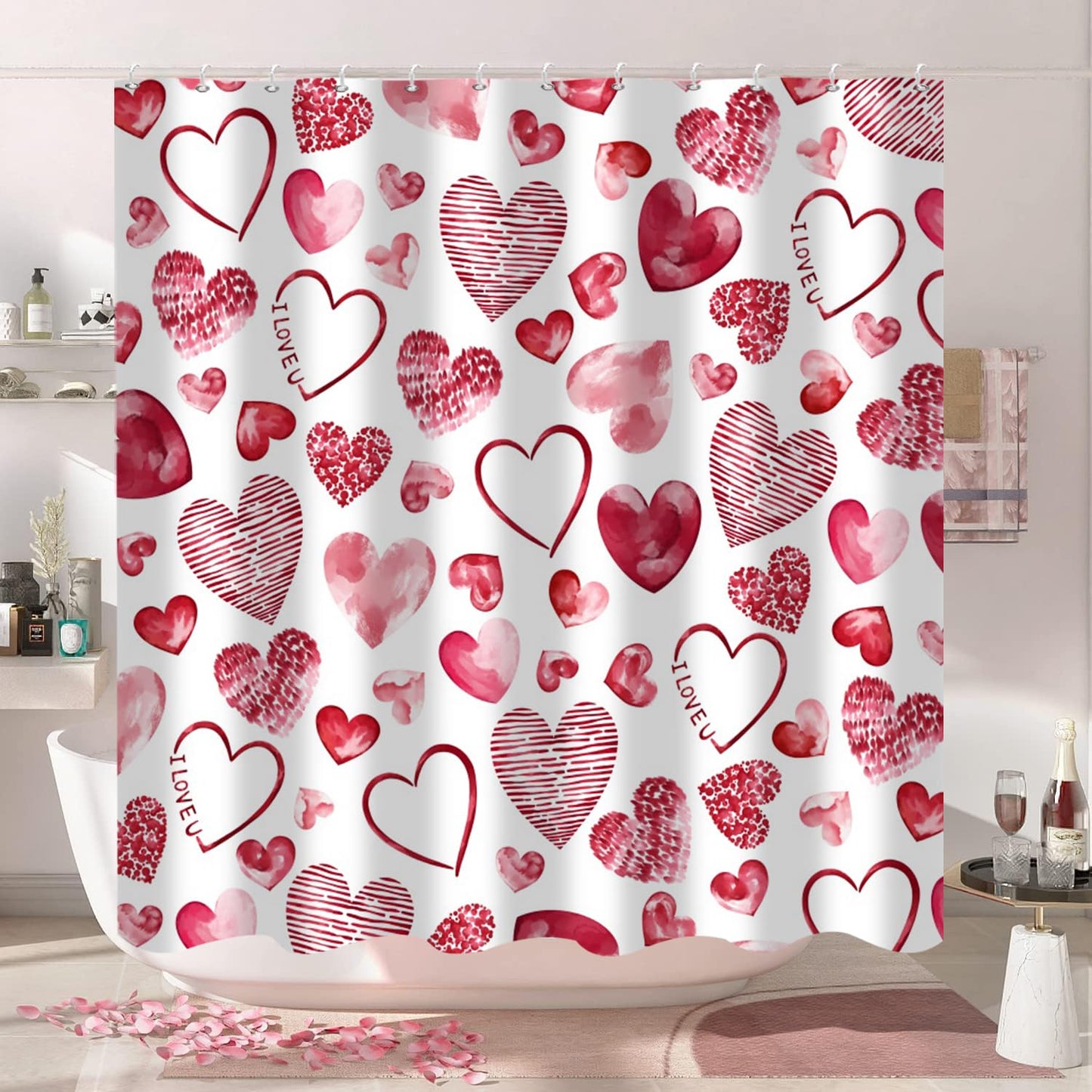 GKLEASG Valentine's Day Shower Curtain Red Pink Loving Hearts Romantic Theme Bathroom Curtains Waterproof Fabric Bathtub Curtains Set with Hooks 72"x72"