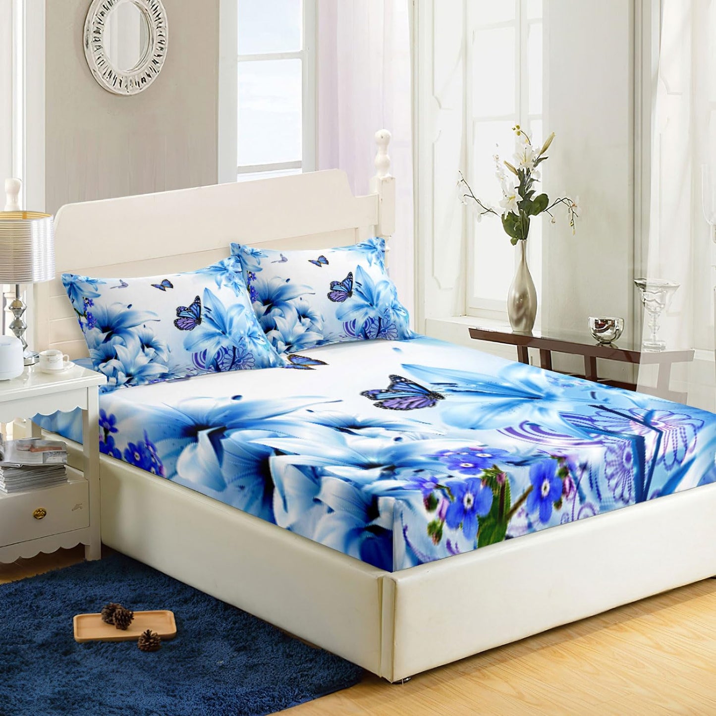 AILONEN Butterfly Fitted Sheet Twin Size Sheets for Girls Women, Blue Lily Flower Bed Sheets,Flying Animals Theme Bedding Set 3 Pieces,Soft Breathable Fitted Sheet and 2 Pillowcases