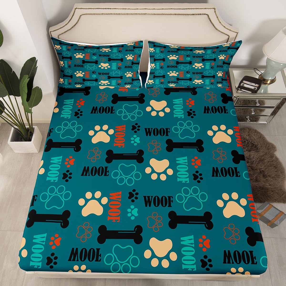Cute Dog Paw Print Bed Sheet Set Twin Size,Puppy Dog Pets Lovers Style Fitted Sheet + 1 Flat + 1 Pillow Sham,Bone Cartoon Animal Green Bed Mattress Cover for Kids Boys Gift,Ultra Soft