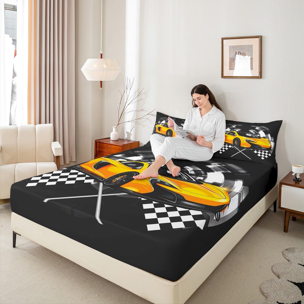Manfei Yellow Race Car Fitted Sheet Full Size, Black and White Lattice Bed Cover, Extreme Sport Games Bedding Set 3pcs for Kids Teens Boys Man Room Decor,Soft Modern Bed Sheets with 2 Pillowcases