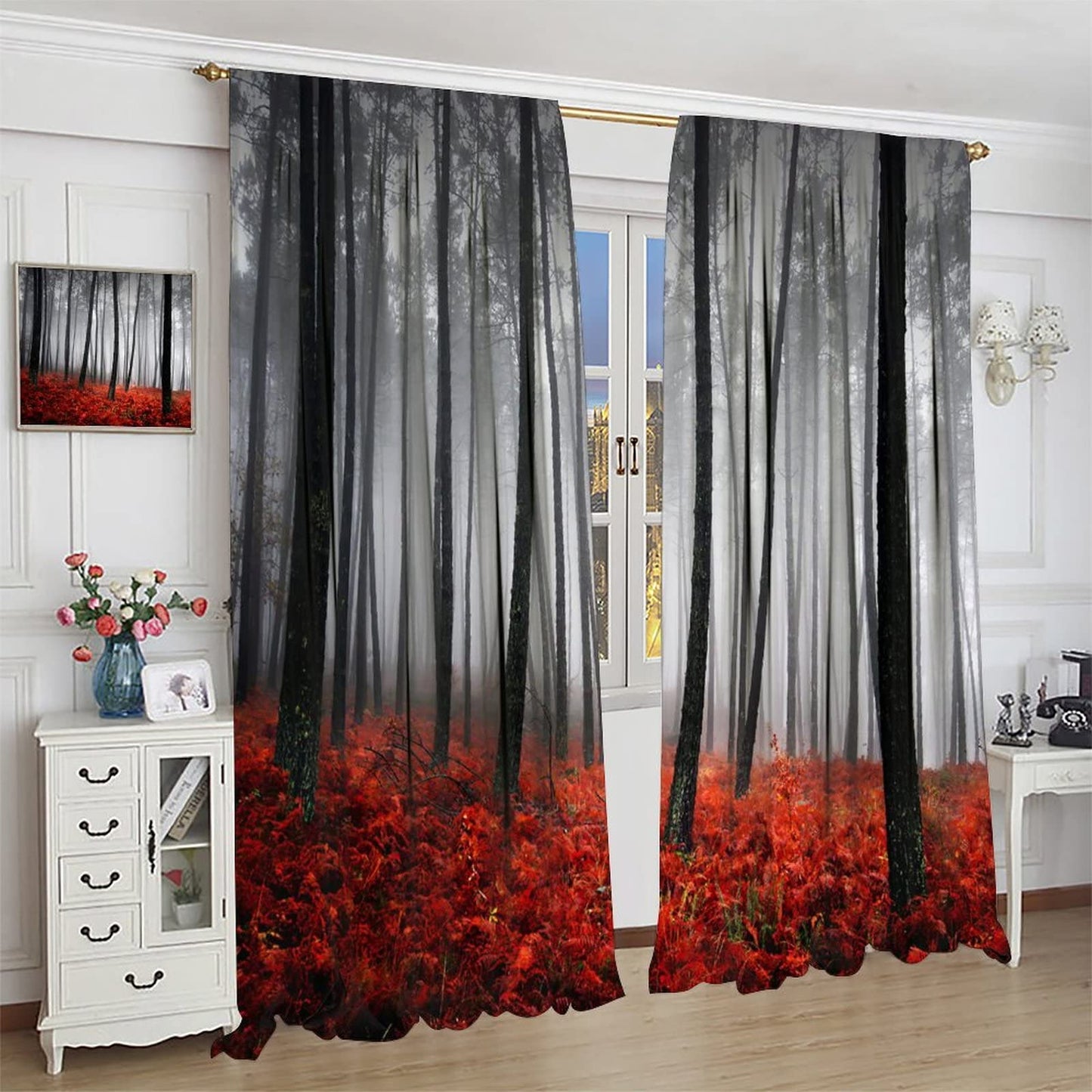 JESTRONRY Forest Window Curtain,Red Fantasy Misty Forest Trees Jungle Bushes Blackout Rod Pocket Window Drapes 2 Panel Set for Living Room Bedroom Kitchen Bathroom Decor W42xL45in