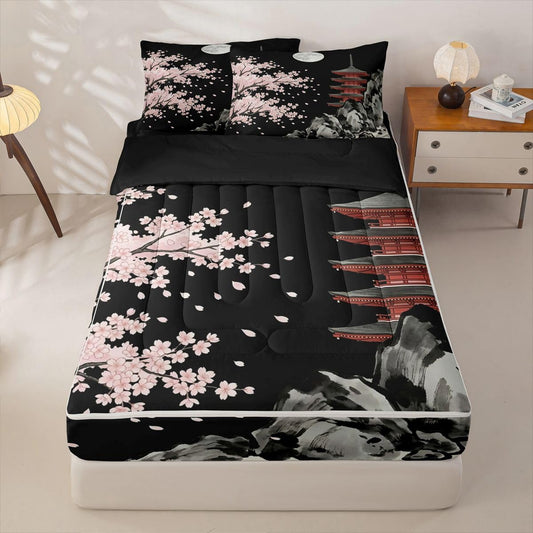 jejeloiu Pink Cherry Zipper Bedding Sets for Kids Boys Girls Japanese Style View Twin Comforter Set with Fitted Sheet Romantic Exotic Bedroom Decor Night Moon Microfiber with 2 Pillow Cases