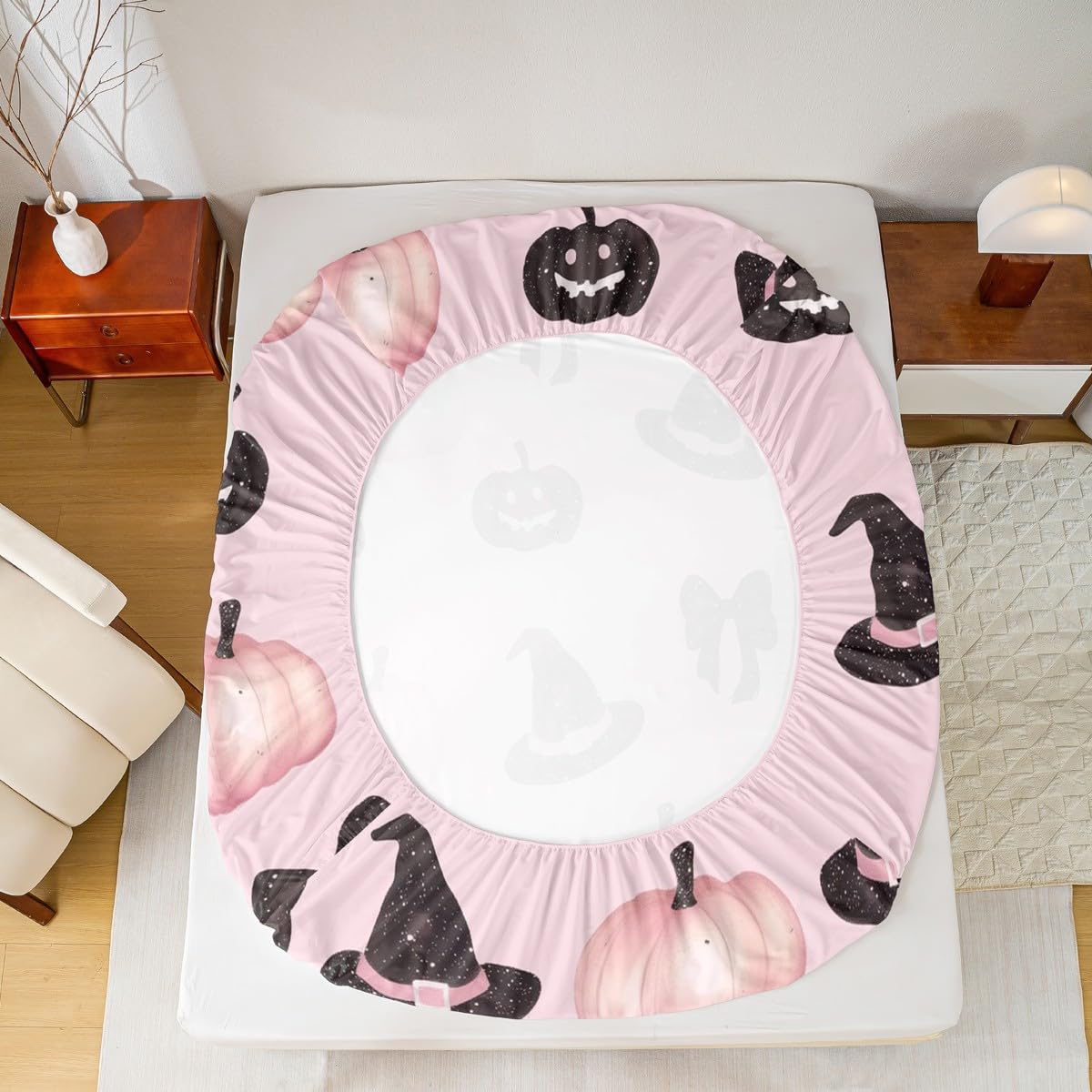 Feelyou Pink Halloween Fitted Sheet Full Size for Kids Boys Girls Black Bowknot Bed Sheets Set 16" Deep Pocket Microfiber Halloween Decor Bedding with 2 Pillowcases Trick or Treat Room Decor