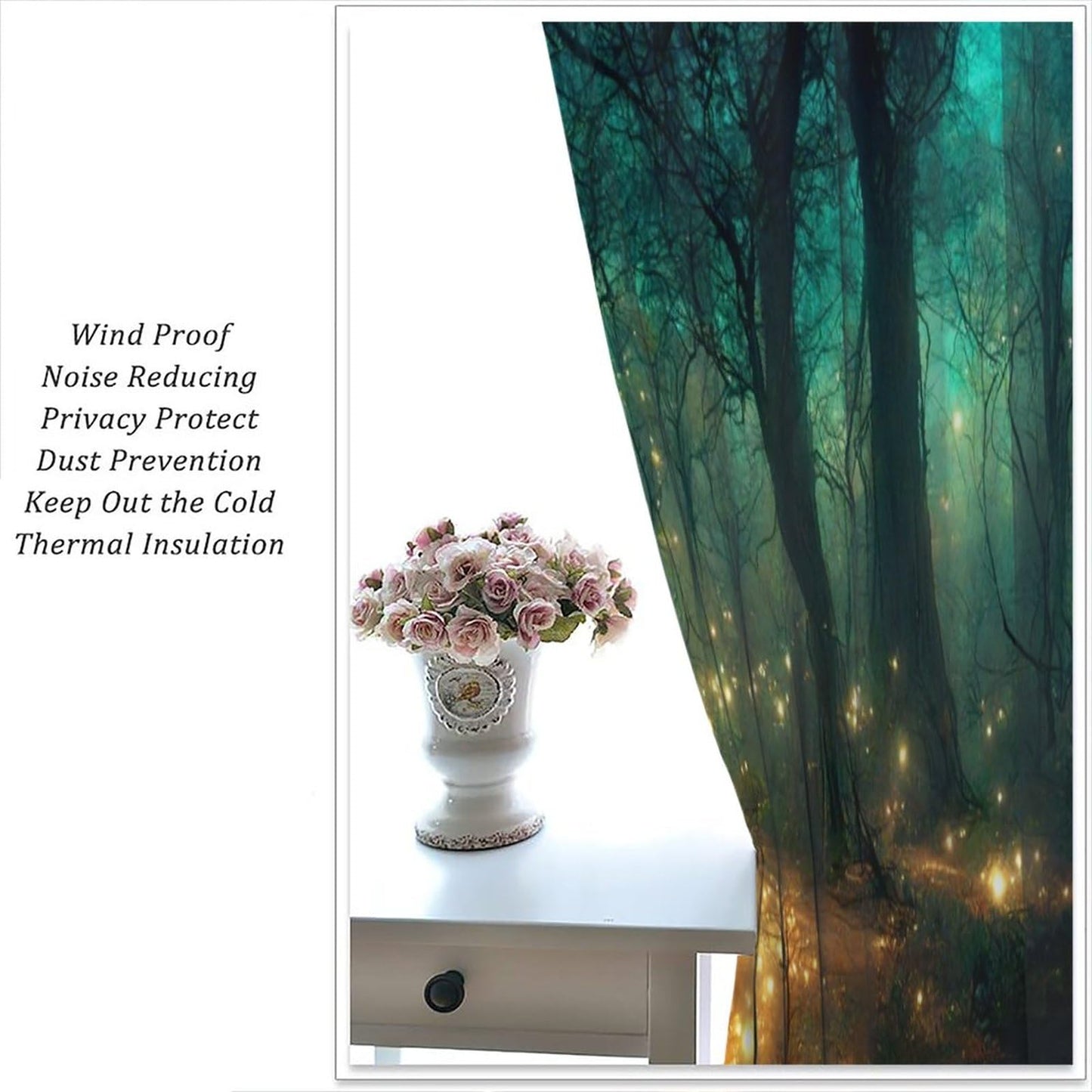 Fantasy Forest Curtains, Enchanted Trees Dreamy Mist Forest Glowing Lights Landscape Window Treatments Drapes for Bedroom Living Room 42x45in