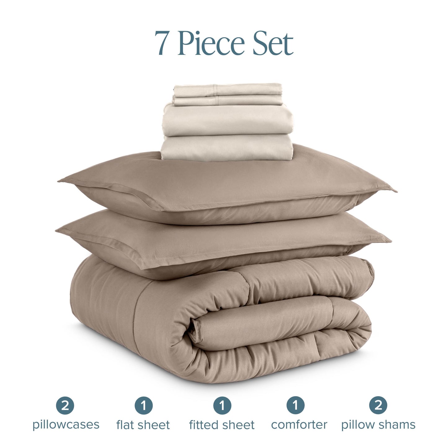 Bare Home Bed-in-A-Bag 7 Piece Comforter & Sheet Set - Queen - Goose Down Alternative - Ultra-Soft 1800 Premium - Bedding Set (Queen, Taupe/Sand)
