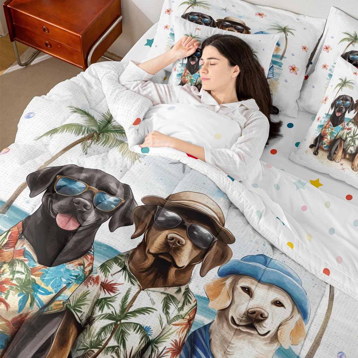 Erosebridal Summer Beach Bed in A Bag Full, Kawaii Dogs Comforter Set with Sheets, Sea Beach 7 Pieces Bedding Set for Kids Boys Teens Girls Women Men Bedroom, Floral Starfish Coconut Tree Bed Sets
