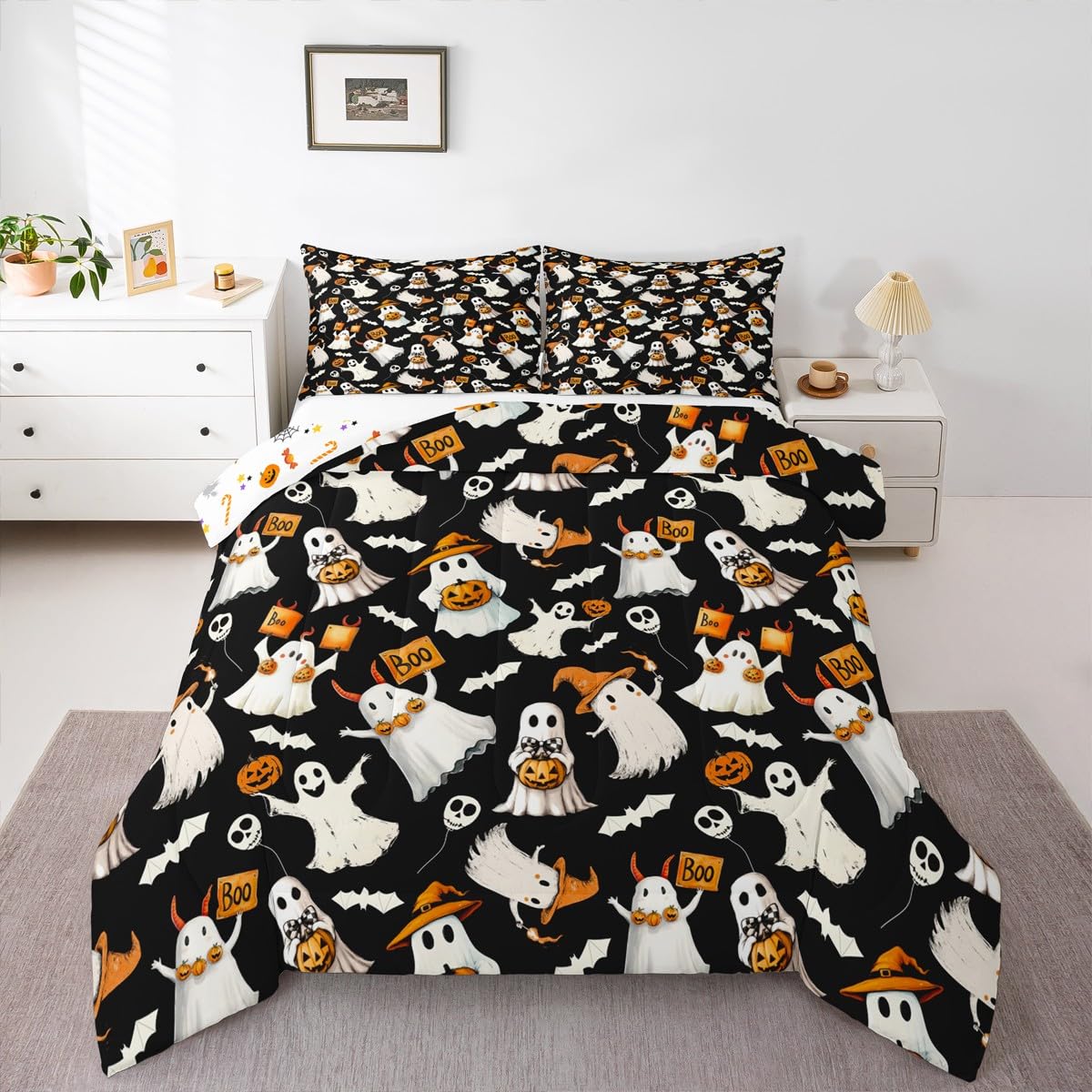 Homewish Happy Halloween Comforter Set Spooky Witch Hat Ghost Comforter Queen Size Gothic Pumpkin Bats Bedding Set for Kids Adult Bedroom Decor Fashion Black Quilt Duvet,3 Pcs with 2 Pillowcase