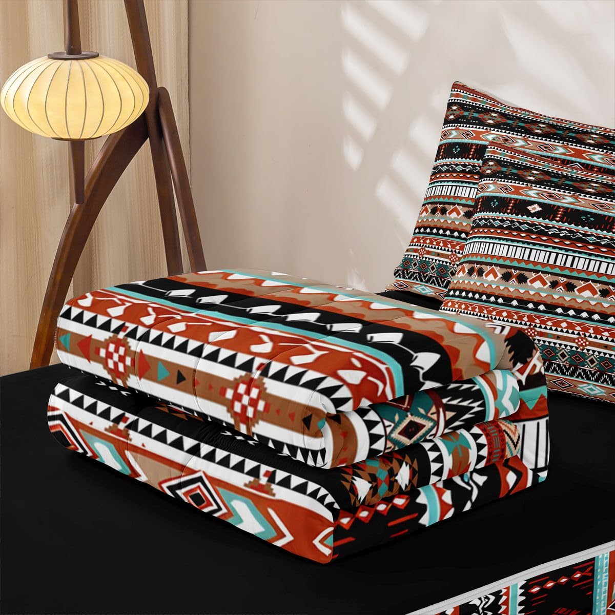 Western Zipper Bedding Queen Ethnic Tribal Arrow Zip Up Bedding Set Vintage Exotic Geometric Triangle Bed in a Bag African Indian Tribal Sriped Boho Comforter with Fitted Sheet and 2 Pillowcases