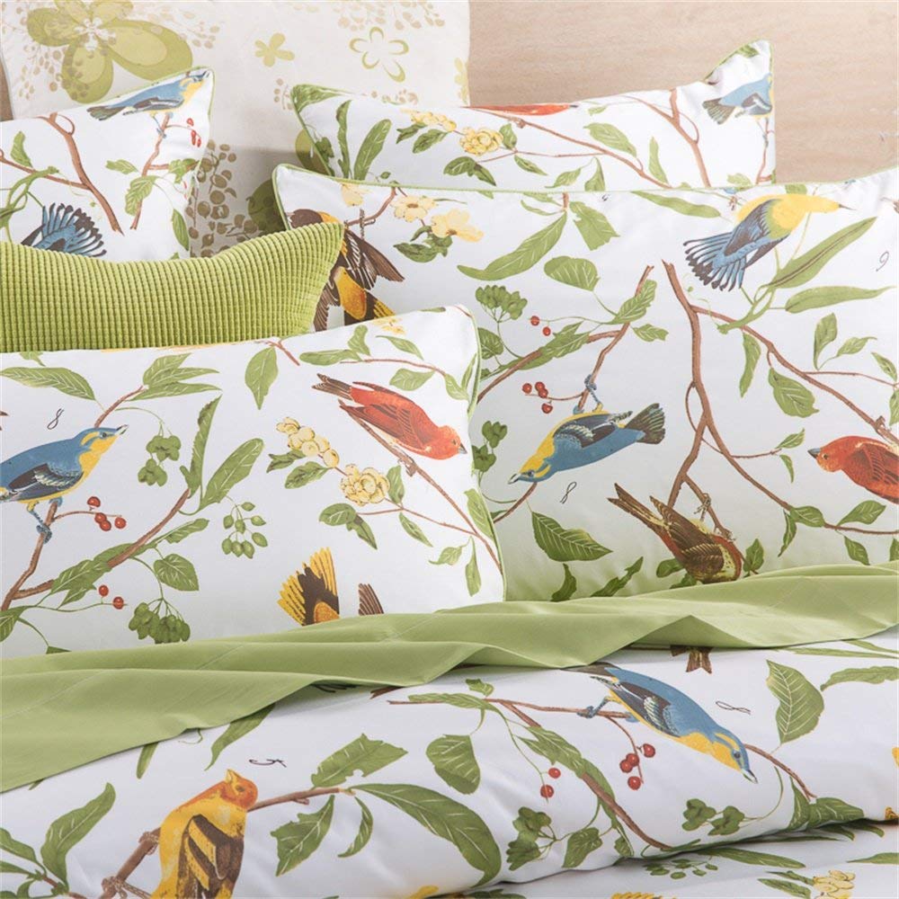 Brandream Eastern Floral Birds Chinoiserie Blossom Duvet Quilt Cover White Green Asian Style Botanical Tree Branches Ornamental Drawing (Queen)