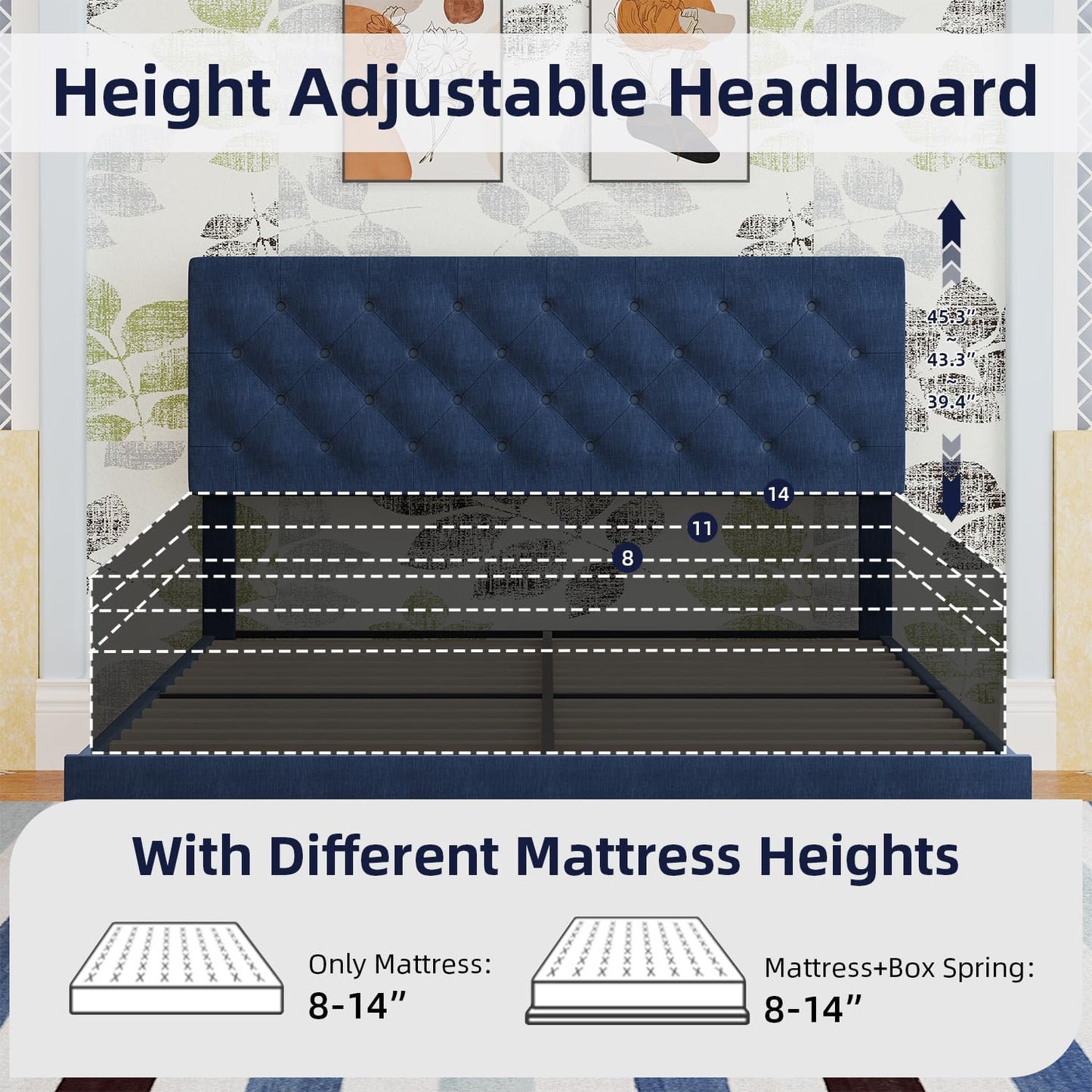 BarnFurin Queen Size Bed Frame with Headboard, Linen Upholstered Platform Bed with Button Tufted Design, No Box Spring Required, Easy Assembly, Navy Blue