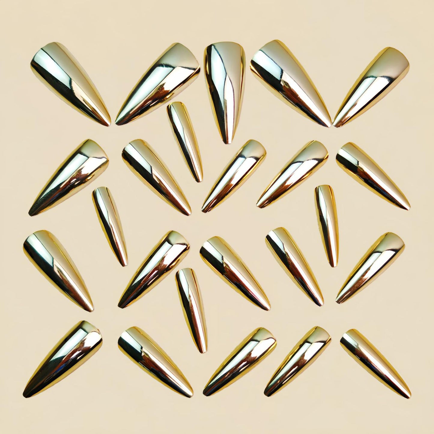 SINHOT Stiletto Press on Nails Long - Long Fake Nails, Glossy Finish, Gold Metallic & Chrome, DIY Artificial False Nail Art - 24 Pcs Nail Kit with Glue