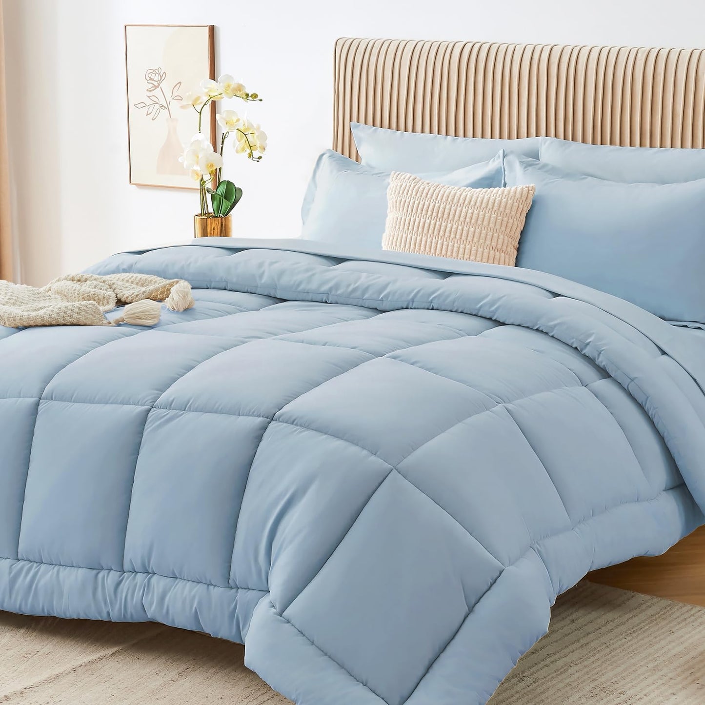 Sasttie Queen Comforter Set, 7 Pieces Bed in a Bag Queen, Complete Bedding Set Includes Comforter, Flat Sheet, Fitted Sheet, Pillowcases and Pillow Shams, Greyish Blue