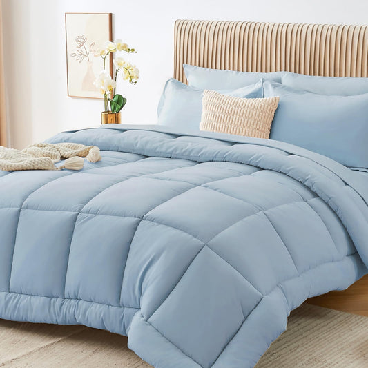 Sasttie Queen Comforter Set, 7 Pieces Bed in a Bag Queen, Complete Bedding Set Includes Comforter, Flat Sheet, Fitted Sheet, Pillowcases and Pillow Shams, Greyish Blue
