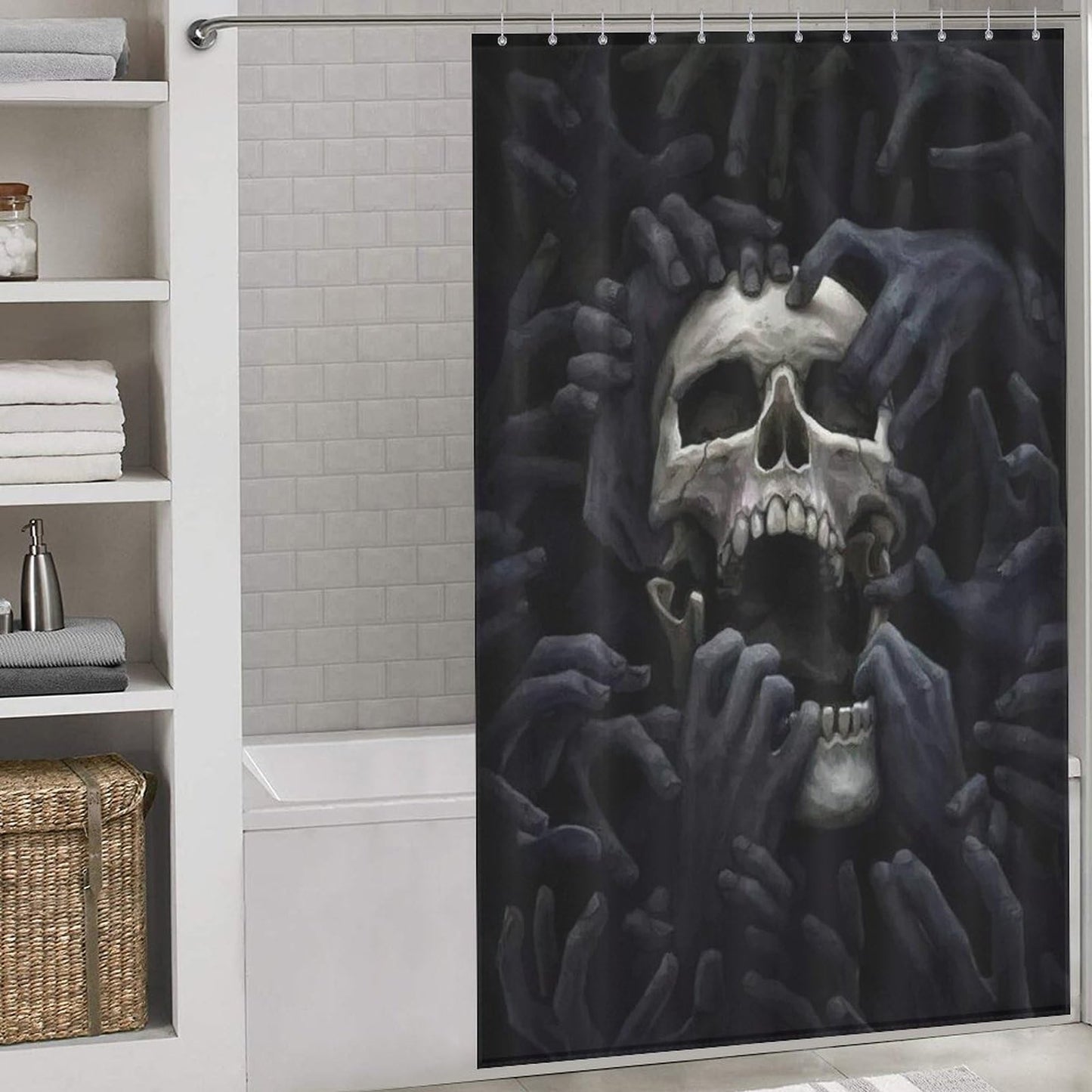 GoDazzling Gothic Skull Shower Curtain, Scary Spooky Halloween Skeleton Shower Curtain Sets for Bathroom Fabric Bath Curtain 12 Hook 55x72Inch（140x183cm）