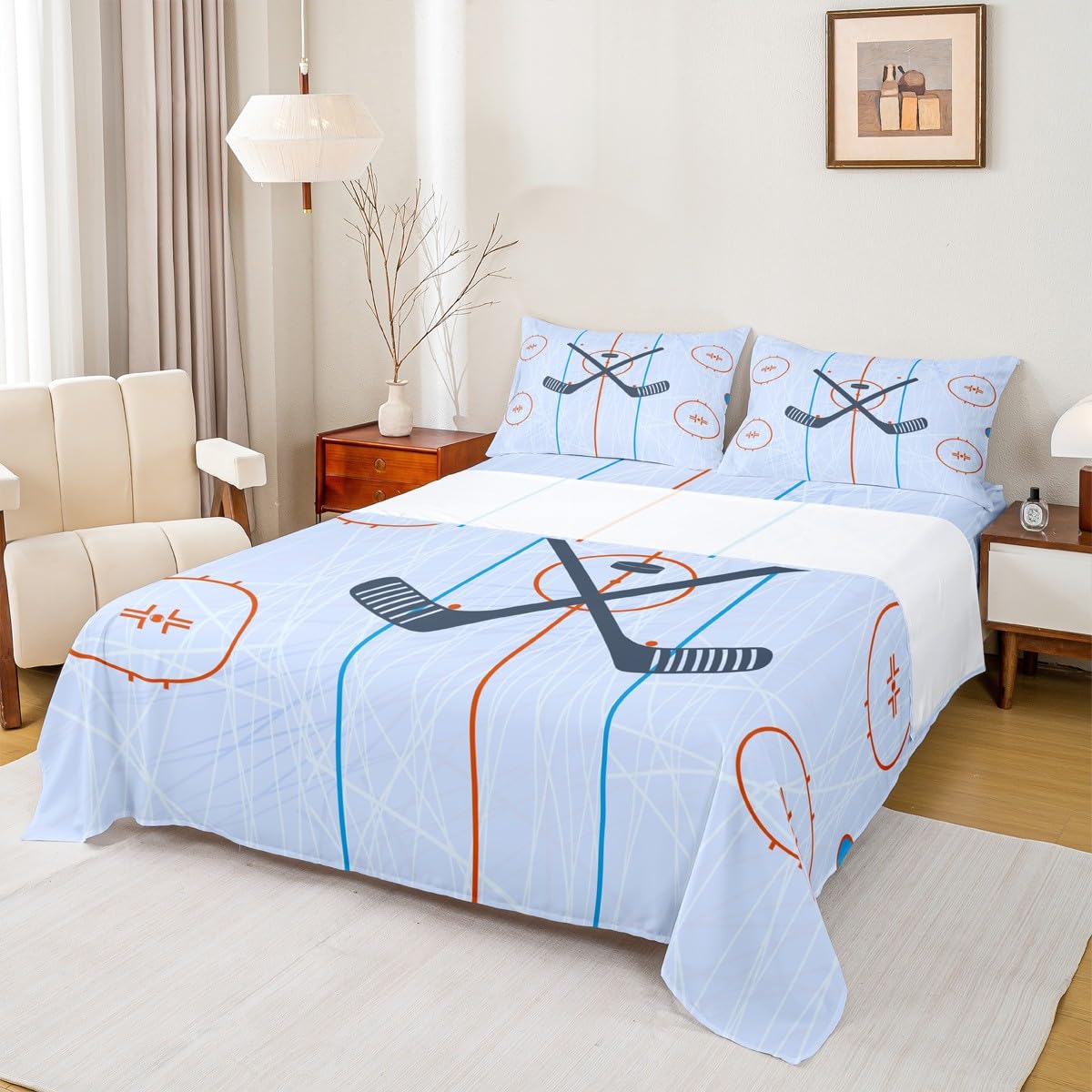 Ice Hockey Kids Sheet Full Size,Hockey Stadium Rink Bedding Set for Boys Girls Adults,Winter Event Ball Games Lovers Modern Stylish Bed Sheet Set 4pcs(Fitted Sheet + Flat Sheet + 2 Pillowcases)