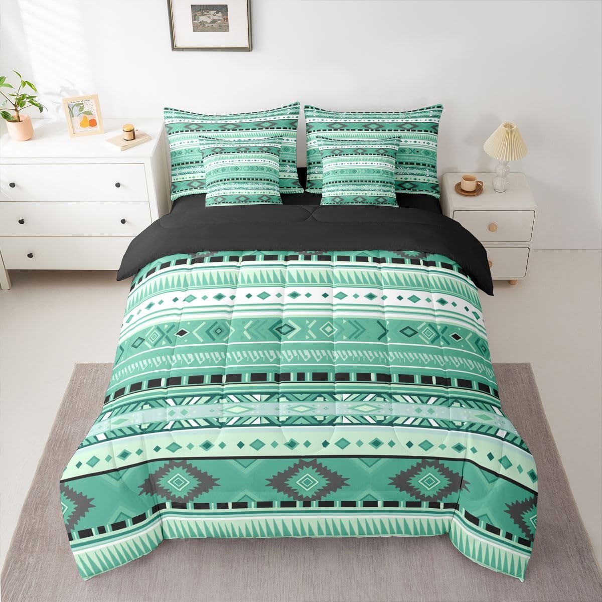 Erosebridal Southwestern Farmhouse White Green Aztec Full Comforter Set 7 Pieces | Bohemian Cowboy Cowgirl Bed in A Bag for Bedroom Tribal Adults Boho Bedding Set with Comforters Geometric Room Decor