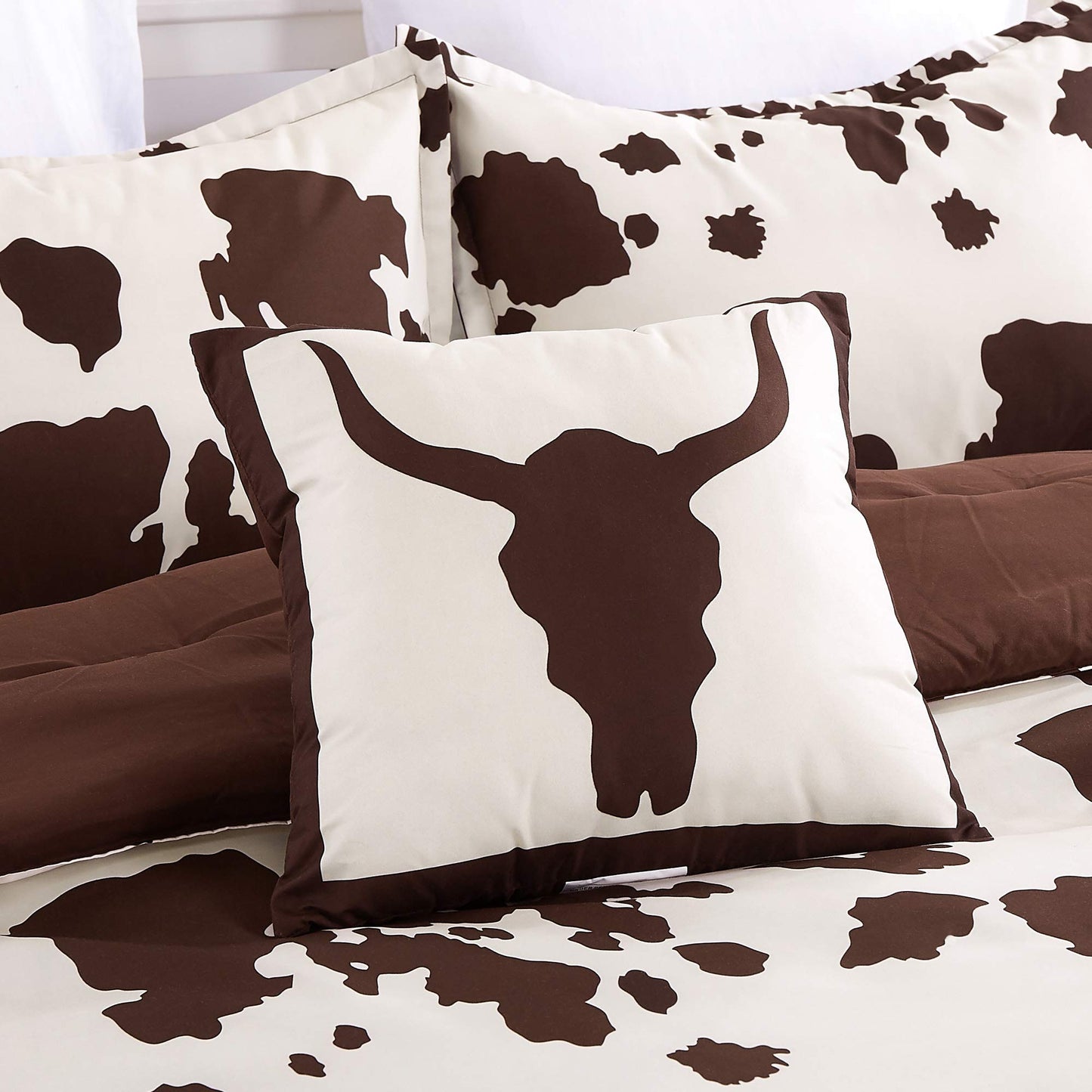 Artistic Home Textiles 6-Piece Cow Print Comforter Set, Western Farmhouse Bedding Set, Brown & Cream Microfiber Bed in a Bag with Decorative Pillows (Cowboy 6pcs, King
