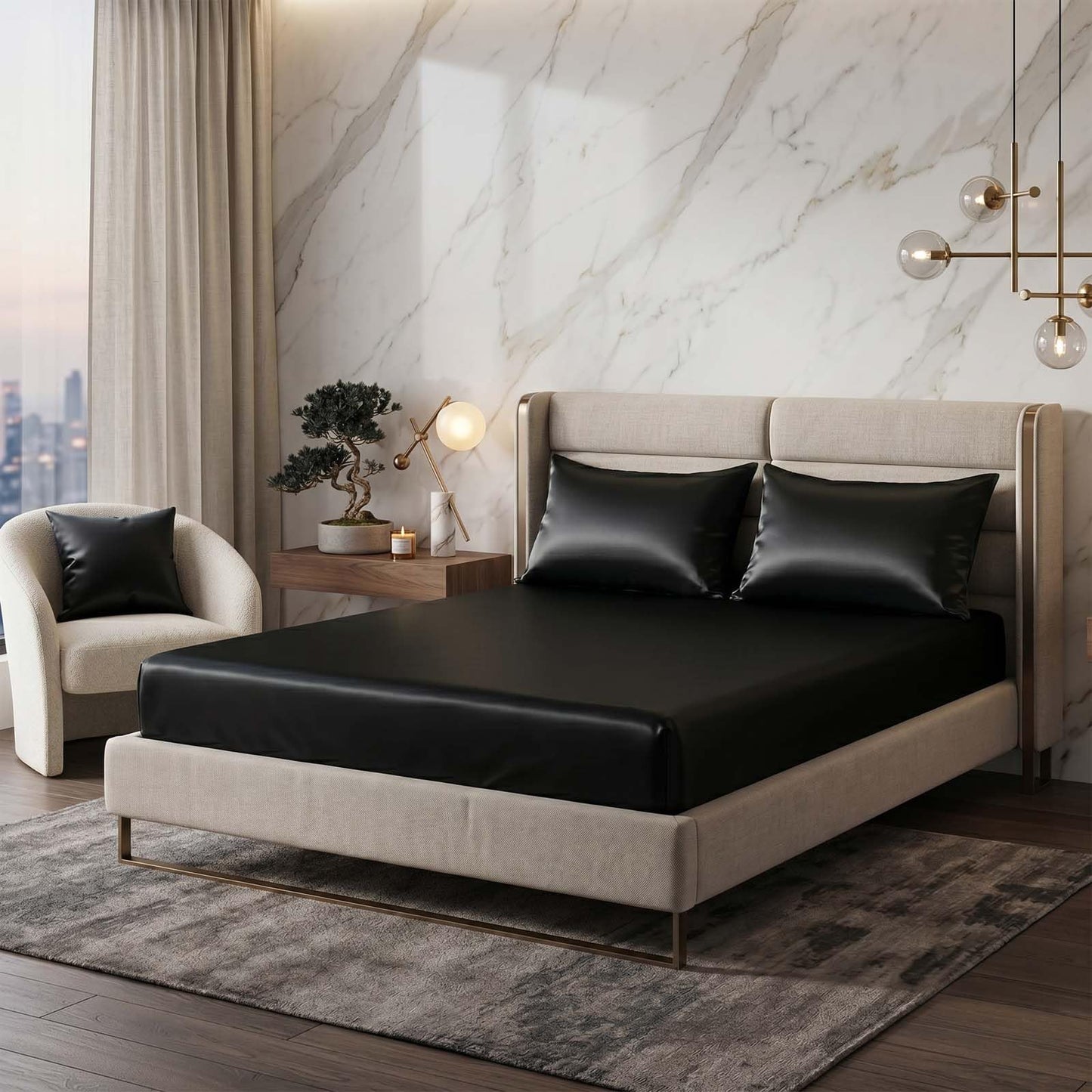 GRSECPO Satin Fitted Sheet Full Size Black, 15 Inch Deep Pocket Silky Bottom Sheet with Elastic Corner Straps, Wrinkle Resistant, No Slip, 1 Pack Only for Mattress