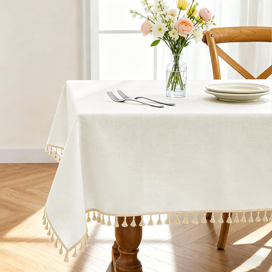 Alsoo Table Cloth Rectangle Table Heavy Duty Cotton Linen Texture Tablecloth Farmhouse Waterproof Wrinkle Free Tables Cover with Tassel for Kitchen Dining Holiday Party, Ivory, 55" x 75"