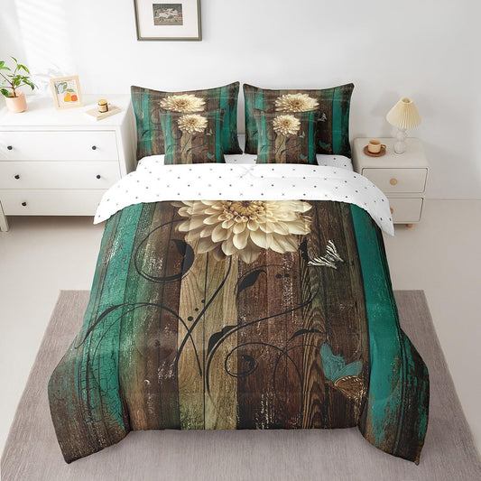 Erosebridal Daisy 7 Pcs Comforter Set Queen Size Boho Floral Bedding Retro Wooden Board Butterflies Bed in A Bag for Kids Girls Women Vintage Botanical Flower Bed Set