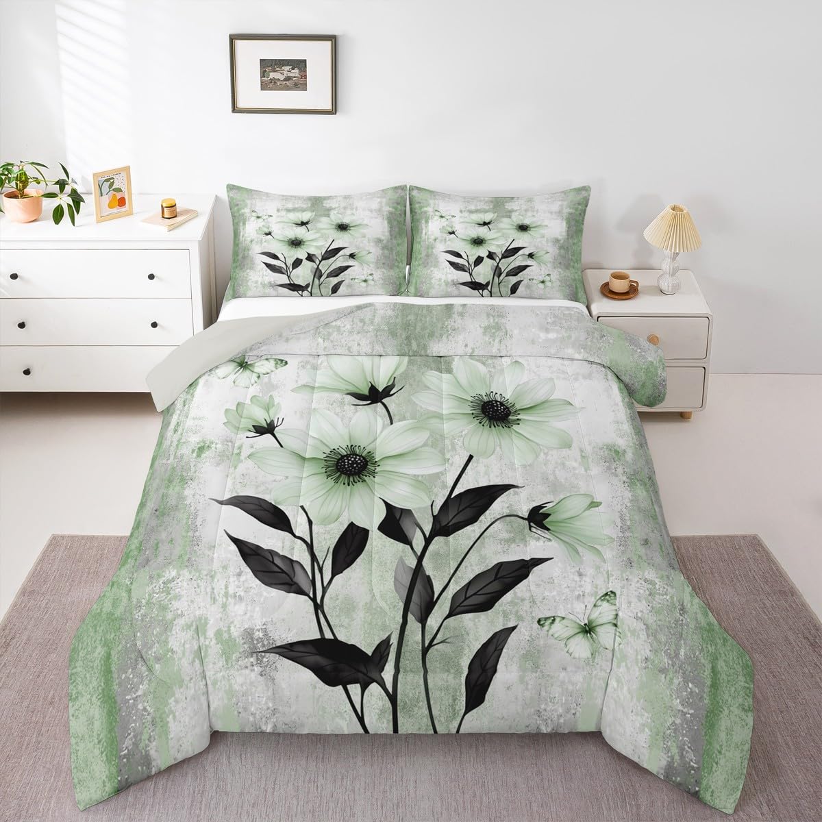Erosebridal Watercolor Daisy Floral Queen Comforter Set Abstract Oil Painting Bedding Set Rustic Farmhouse Bed Set Green White Flowers Quilt Set