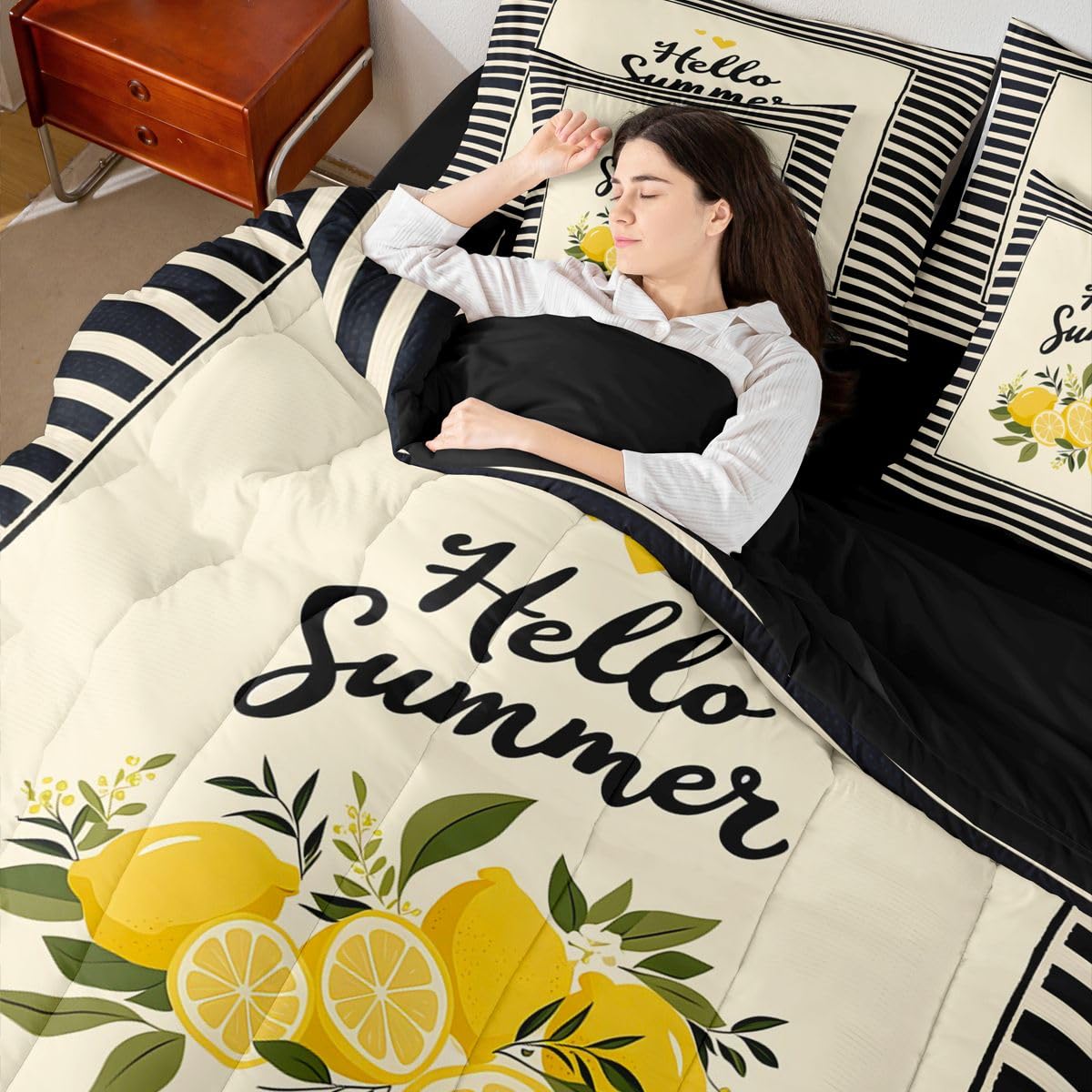 Erosebridal Hello Summer Queen Bedding Set Trendy Geometric Stripes Comforter Set with Flat and Fitted Sheet Kids Adults Refreshing Lemon 7-Piece Bed in a Bag Yellow Black Fruit Art Quilt Sets