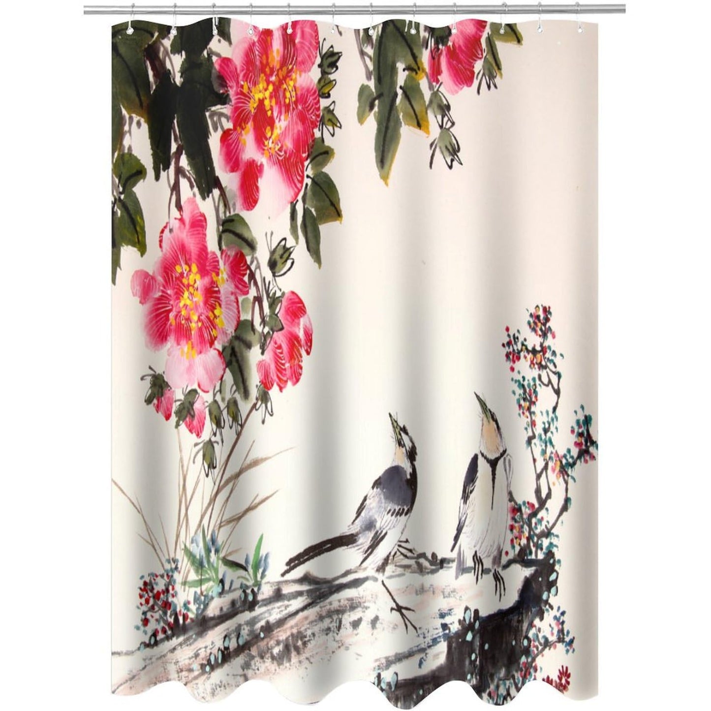 DDCBNS Chinese Traditional Ink Painting Shower Curtain,Japanese Cherry Blossom Spring Nature Flower Birds Print Shower Curtain for Bathroom Decor Fabric Waterproof Upholstery Hook 66x72inch